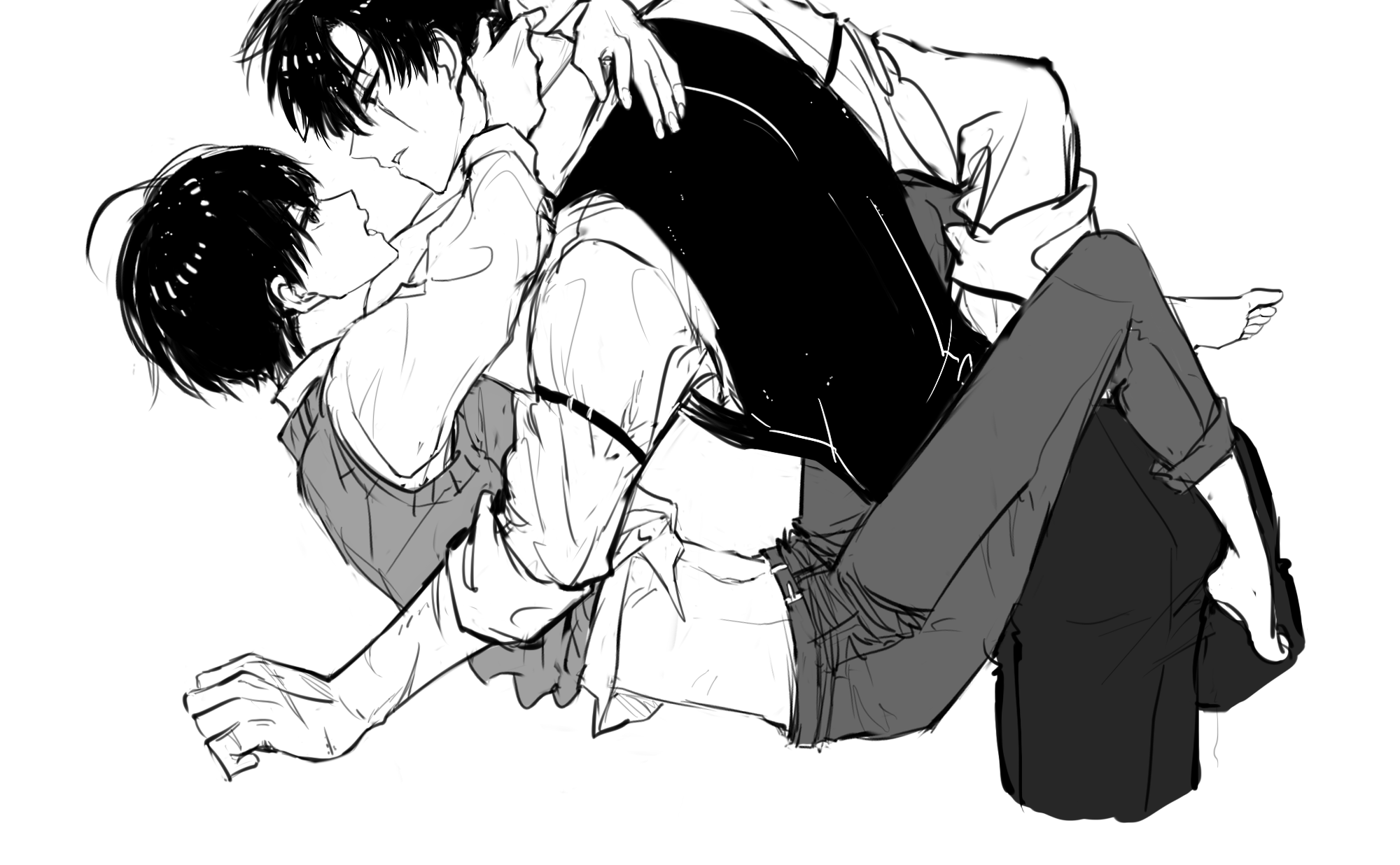 kim dokja, oldest dream, secretive plotter, yoo joonghyuk, omniscient reader's viewpoint, commentary request, highres, korean commentary, 2boys, :o, ahoge, arm around neck, arm belt, barefoot, belt, black hair, black vest, boy on top, curtained hair, from side, full body, greyscale, hand on another's neck, leg lock, looking at another, male focus, monochrome, multiple boys, out of frame, parted lips, removing coat, rhyme1863, scar, scar across eye, scar on arm, scar on face, scars all over, sexually suggestive, shirt, short hair, sleeves rolled up, stomach, too many, vest, white shirt, yaoi