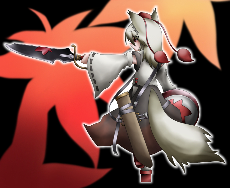 naginami, inubashiri momiji, touhou, silver hair, 1girl, alternate weapon, animal ears, detached sleeves, female focus, geta, hat, red eyes, shield, short hair, solo, sword, tail, tengu-geta, tokin hat, weapon, wolf ears, wolf tail