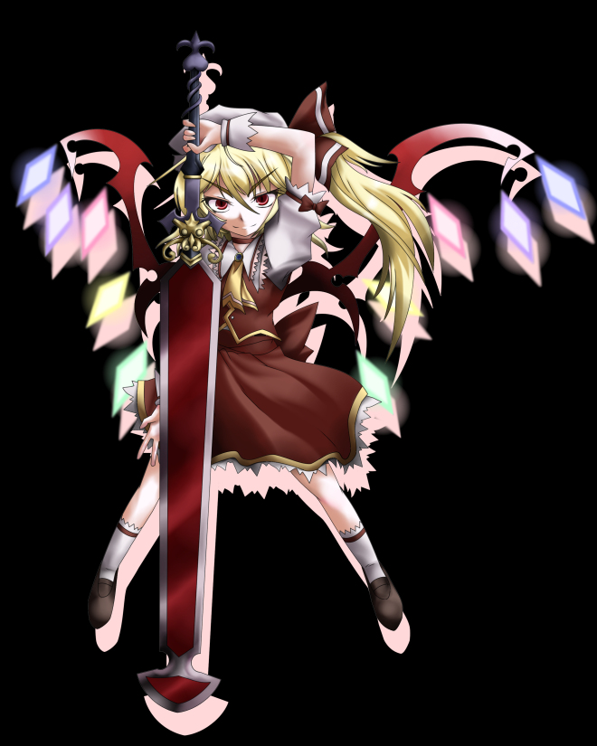 naginami, flandre scarlet, touhou, 1girl, black background, blonde hair, female focus, full body, hat, laevatein, ponytail, red eyes, short hair, side ponytail, simple background, solo, sword, weapon, wings, wrist cuffs