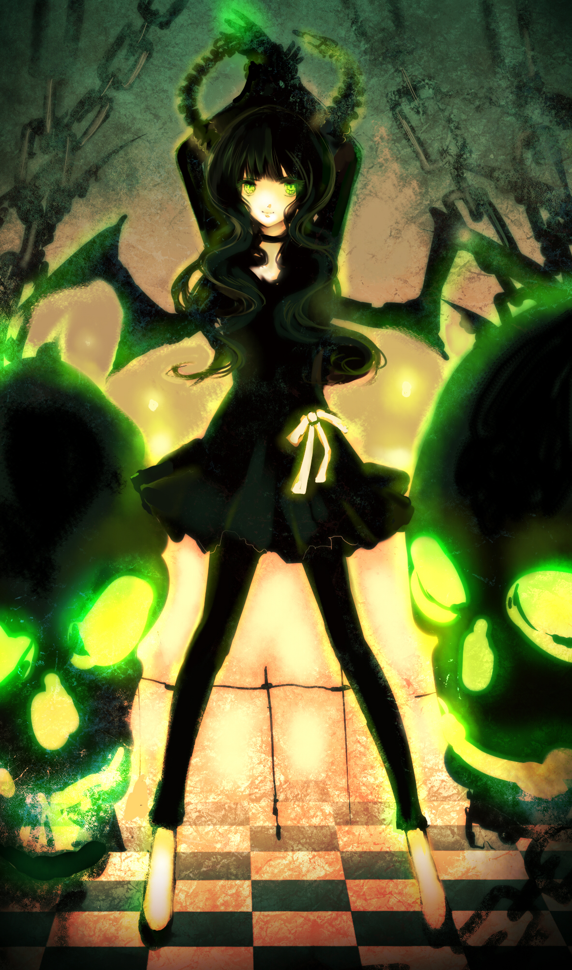 uno (artist), uno (colorbox), dead master, black rock shooter, highres, 10s, 1girl, black dress, black hair, black leggings, chain, choker, curly hair, dress, female focus, gloves, glowing, glowing eyes, green eyes, horns, leggings, long hair, ribbon, skull, smile, solo, wings