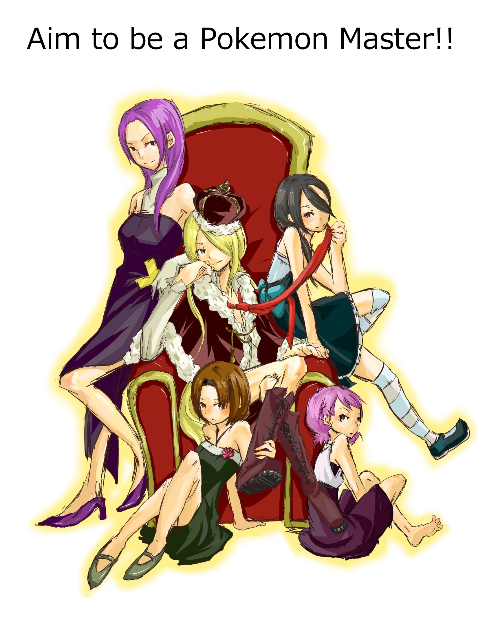 kurau kii, candice (pokemon), cynthia (pokemon), fantina (pokemon), gardenia (pokemon), maylene (pokemon), nintendo, pokemon, pokemon dppt, striped legwear, bad id, bad pixiv id, highres, 00s, 5girls, alternate hairstyle, barefoot, black hair, blonde hair, boots, brown hair, crown, dress, feet, female focus, gym leader, hair down, hair over one eye, harem, high heels, multiple girls, necktie, pimp, pink hair, purple hair, shoes, sitting, smile, socks, spread toes, striped clothes, striped thighhighs, thighhighs, throne, toes