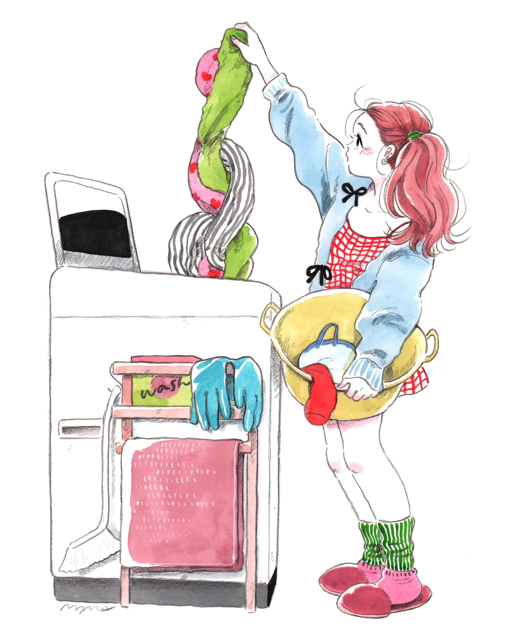 emamemamo33, original, highres, 1girl, basket, black bow, black eyes, blue cardigan, blue nails, blush, bow, cardigan, collarbone, colored skin, detergent, fingernails, from side, full body, gloves, green socks, grid print, hair behind ear, hair tie, heart, heart print, holding, holding basket, laundry, laundry basket, long hair, nail polish, pink socks, red hair, red slippers, shirt, side ponytail, signature, simple background, slice of life, slippers, socks, solo, standing, striped clothes, striped socks, top-load washing machine, vertical-striped clothes, vertical-striped socks, washing machine, white background, white skin