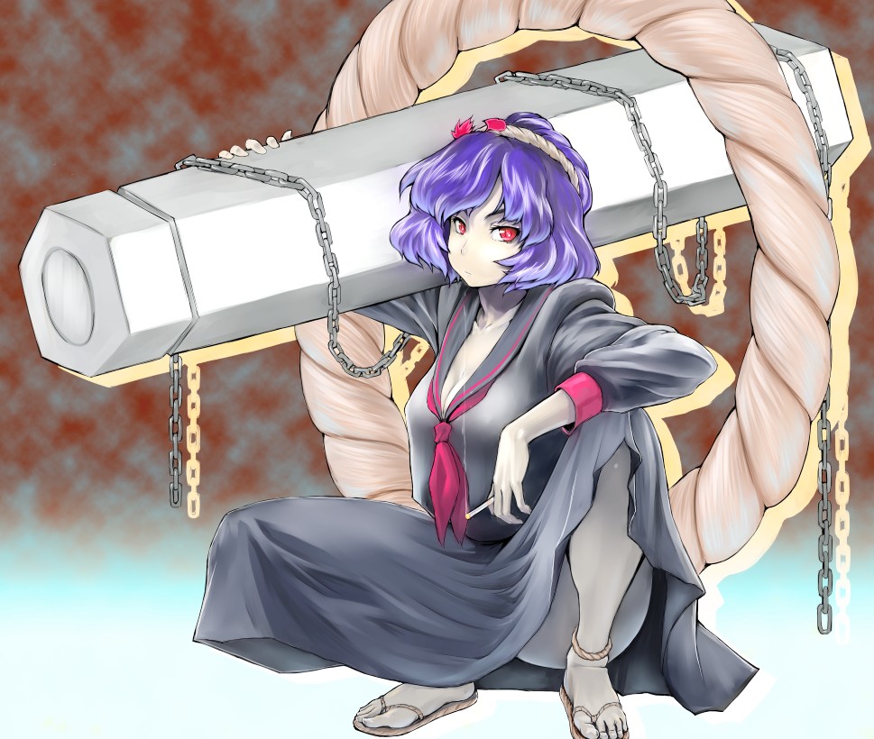 mak, yasaka kanako, touhou, bad id, bad pixiv id, 1girl, alternate costume, anklet, barefoot, blue serafuku, chain, cigar, cigarette, delinquent, feet, female focus, hairband, jewelry, no socks, purple hair, red eyes, rope, sandals, school uniform, serafuku, shadow, shimenawa, short hair, solo, squatting, toes