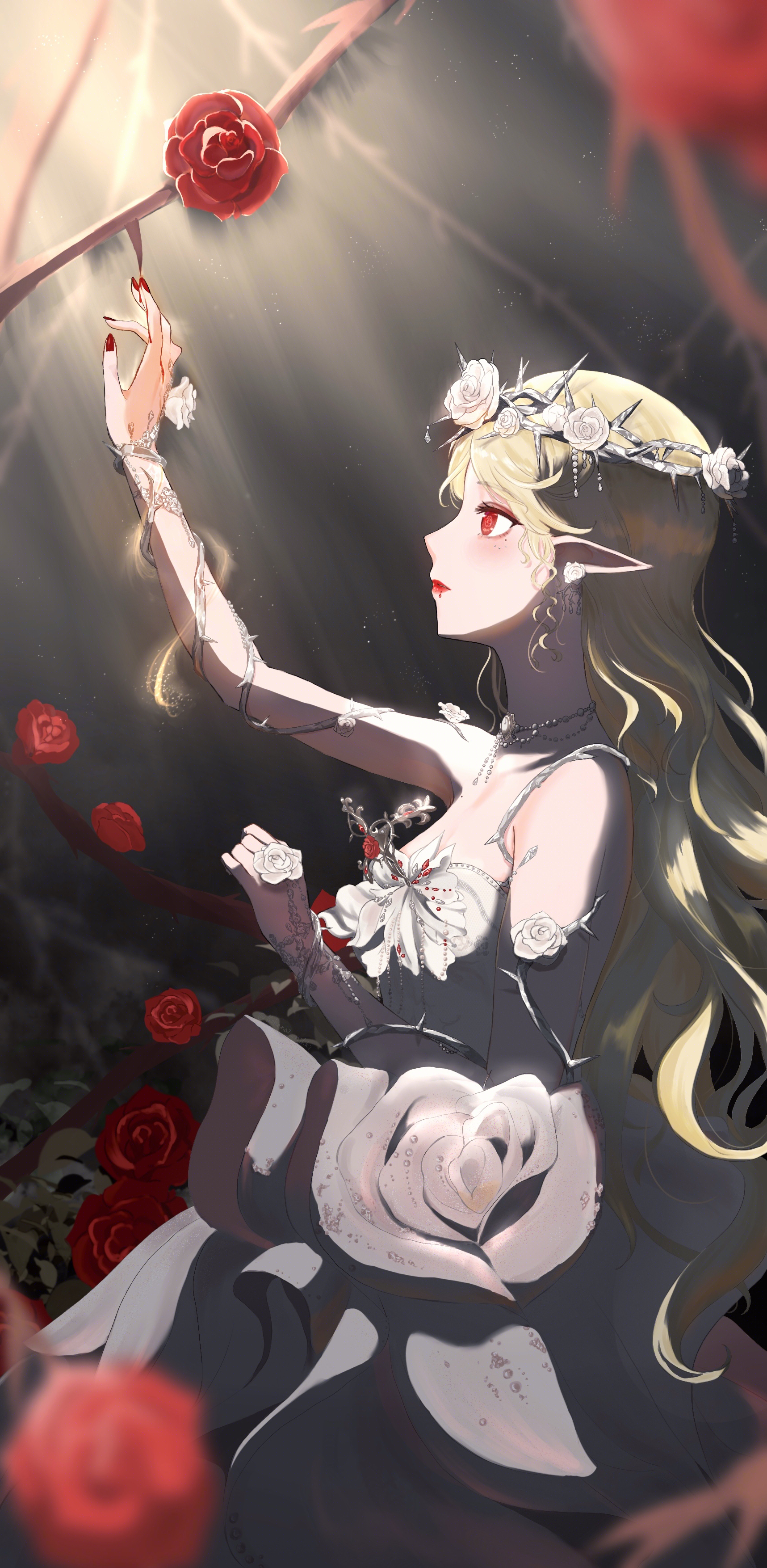 kohanai setsuna, where roses perish (shining nikki), nikki (series), shining nikki, absurdres, highres, 1girl, bare shoulders, blonde hair, closed mouth, cowboy shot, dress, earrings, elf, estelle (shining nikki), expressionless, flower, flower earrings, from side, gown, head wreath, jewelry, light blush, light rays, lipstick, long dress, long hair, makeup, nail polish, necklace, plant, pointy ears, reaching, red eyes, red flower, red lips, red nails, red rose, rose, solo, strapless, strapless dress, thorns, very long hair, vines, wavy hair, white dress, white flower, white rose