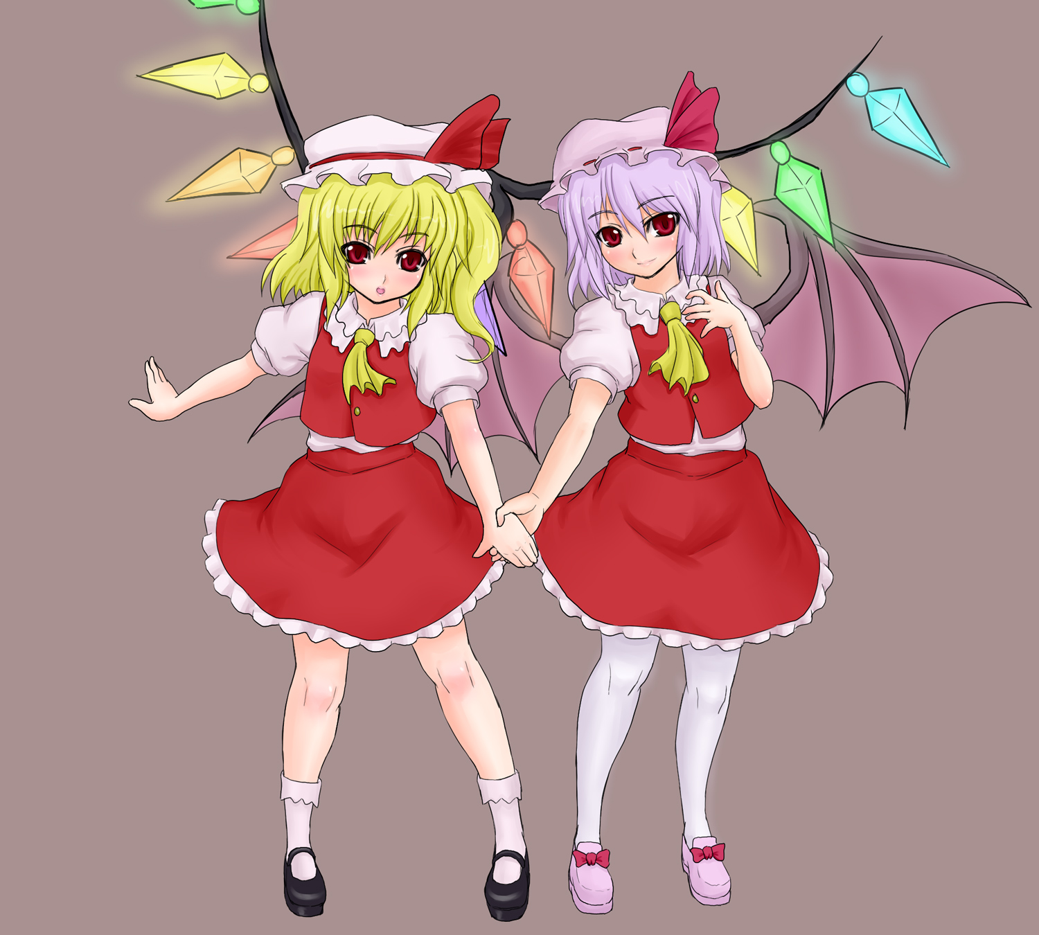 kuro suto sukii, flandre scarlet, remilia scarlet, touhou, white legwear, highres, 2girls, ascot, bat wings, blonde hair, cosplay, crystal, female focus, flandre scarlet (cosplay), full body, hat, holding hands, multiple girls, pantyhose, purple hair, red eyes, short hair, siblings, sisters, socks, standing, wings, yellow ascot