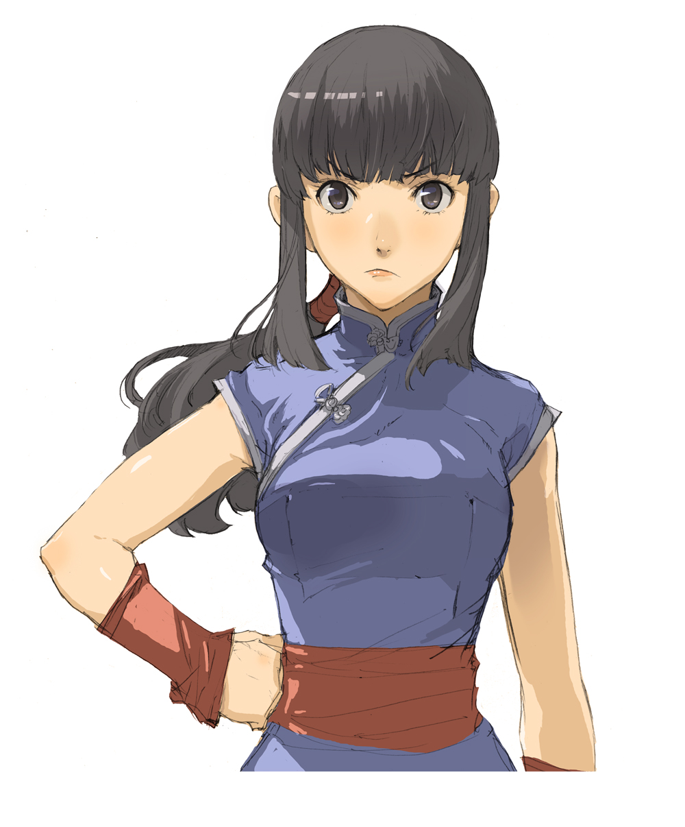 enami katsumi, chi-chi (dragon ball), dragon ball, highres, 1girl, black hair, blunt bangs, breasts, china dress, chinese clothes, dress, female focus, grey eyes, hand on own hip, hime cut, hip focus, lips, long hair, ponytail, sash, sidelocks, solo