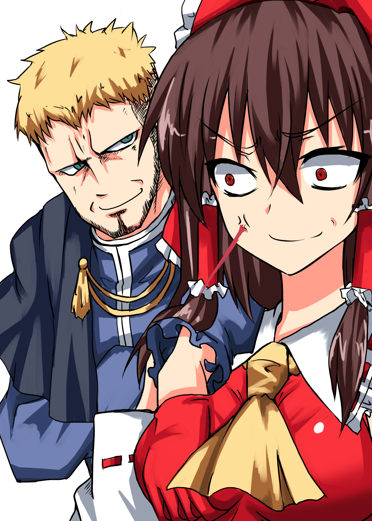 nakatama kyou, goenitz, hakurei reimu, m.u.g.e.n, snk, the king of fighters, touhou, bad id, bad pixiv id, highres, 1boy, 1girl, angry, blood, breasts, crossover, grabbing another's breast, groping, hetero, veins