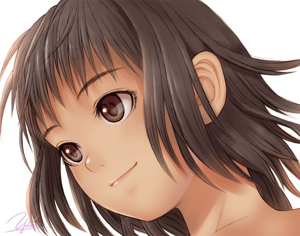 yukihiro, original, 1girl, brown eyes, brown hair, close-up, female focus, light smile, long hair, portrait, signature, smile, solo