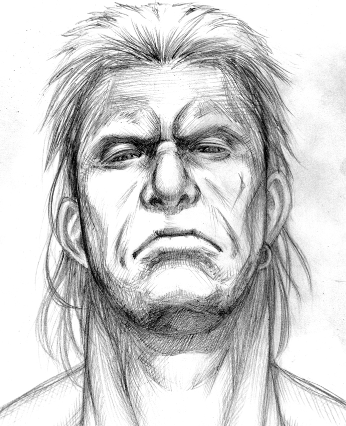 yukihiro, original, 1boy, earrings, gradient background, greyscale, jewelry, male focus, monochrome, serious, sketch, solo, white background