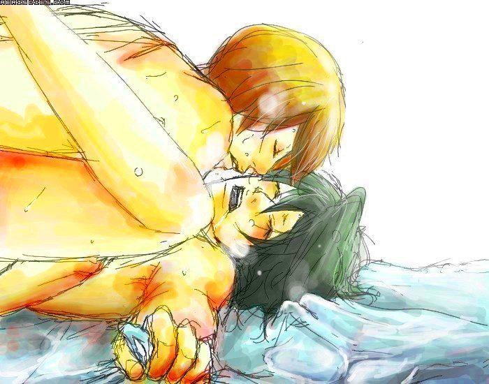 l (death note), yagami light, death note, 00s, anal, male focus, male penetrated, nude, sex, sketch, sweat, text focus, yaoi