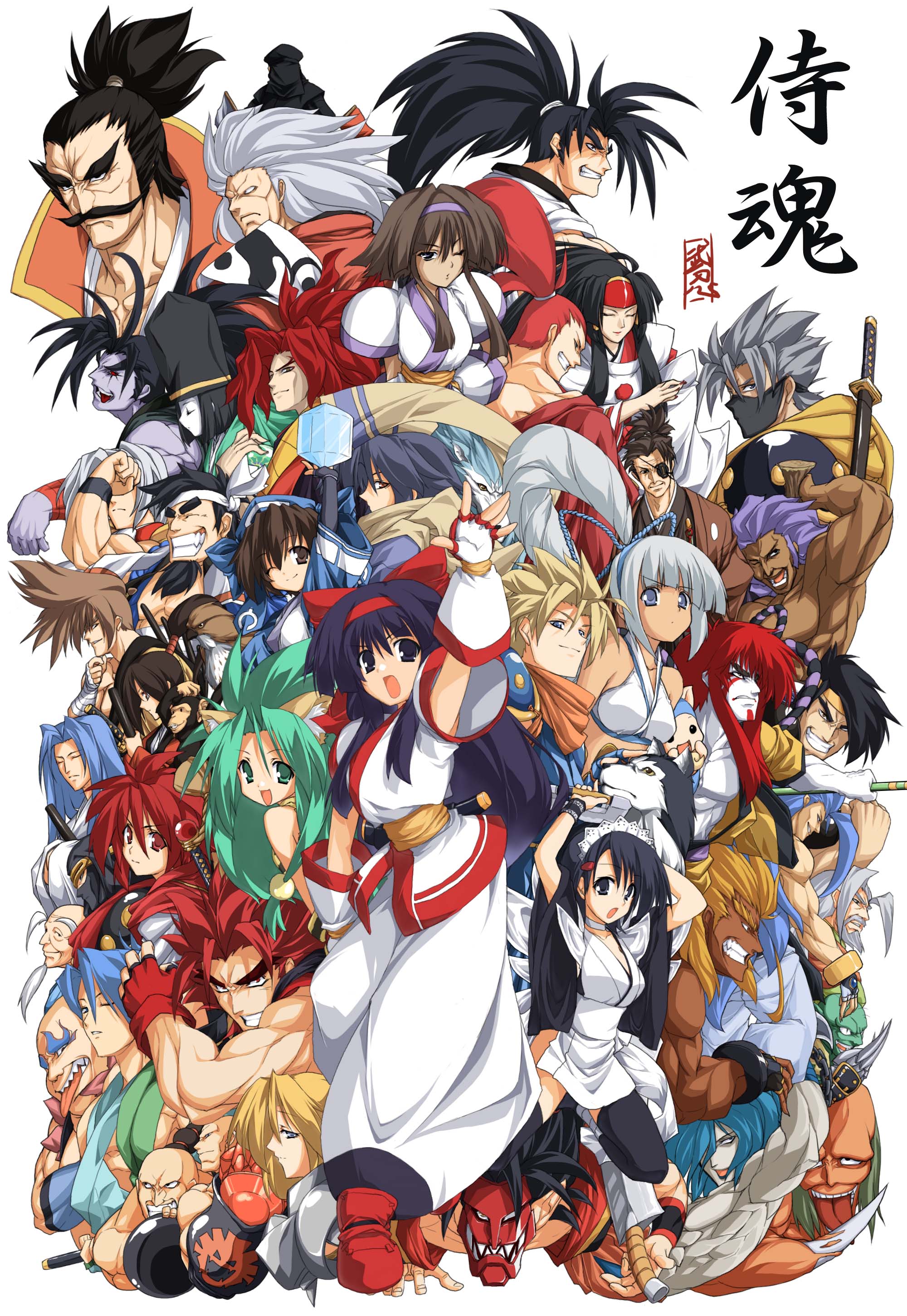 take shinobu, takesinobu, amakusa shirou tokisada, andrew (samurai spirits), cham cham, champuru, charlotte christine de colde, enja, galford d weller, gaoh, haoumaru, hisame shizumaru, iroha (samurai spirits), karakuri ocha-maro, kazama kazuki, kazama sougetsu, kibagami genjuro, kurokouchi yumeji, liu yunfei, majikina mina, matsuribayashi sugoroku, minazuki zankuro, murasaki nakoruru, nakoruru, paku paku, rasetsumaru, rashoujin mizuki, rera, rimururu, suija, tachibana ukyo, tachibana ukyou, tamtam (samurai spirits), tokugawa yoshitora, youkai kusaregedo, samurai spirits, snk, absurdres, bad id, bad pixiv id, highres, 6+boys, 6+girls, bow, everyone, multiple boys, multiple girls, nail polish, red bow, siblings, sisters