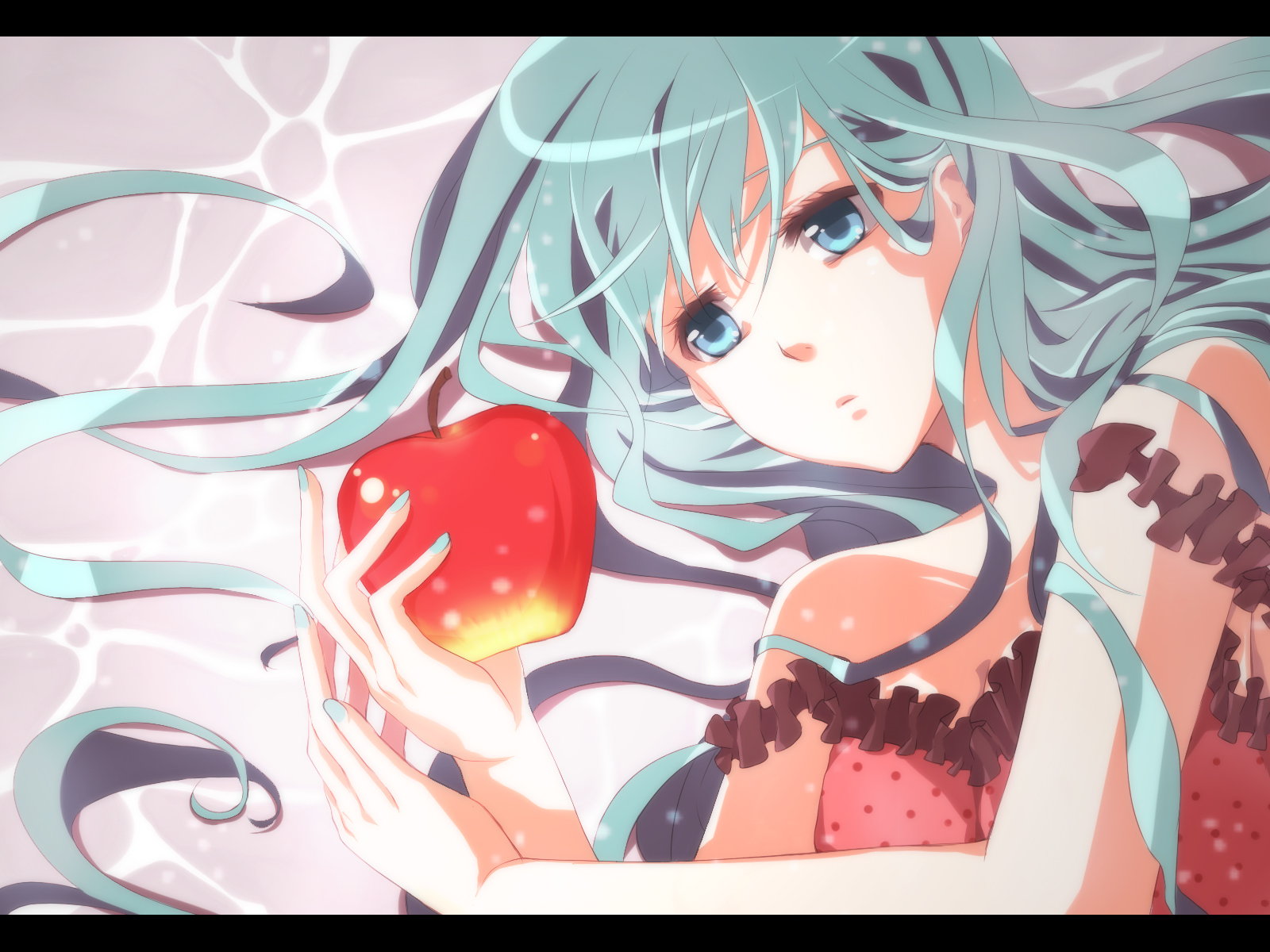 mukkun, hatsune miku, romeo to cinderella (vocaloid), vocaloid, highres, 1girl, apple, aqua hair, blue eyes, camisole, female focus, food, fruit, holding, holding food, holding fruit, letterboxed, lying, on side, solo