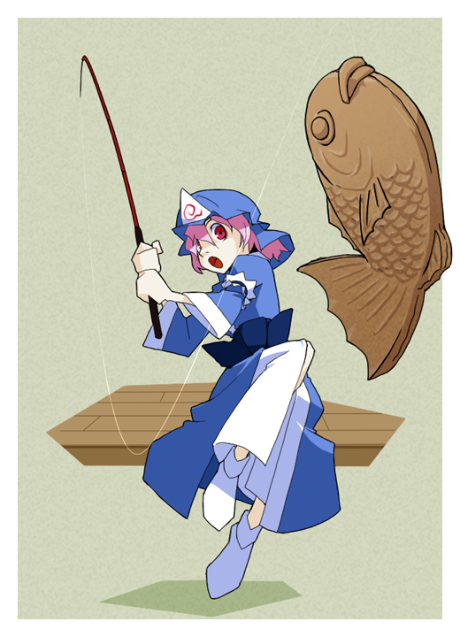 kansuke (artist), kansuke (bubuduke), saigyouji yuyuko, touhou, 1girl, female focus, fish, fishing, fishing rod, food, hat, holding, holding fishing rod, pink hair, red eyes, short hair, socks, solo, taiyaki, wagashi