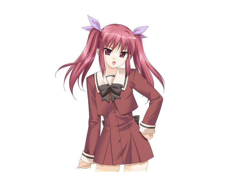 oda nanami, sono hanabira ni kuchizuke wo, game cg, 1girl, arm at side, female focus, hand on own hip, long hair, open mouth, red eyes, red hair, ribbon, school uniform, sidelocks, solo, standing, tachi-e, transparent background, twintails