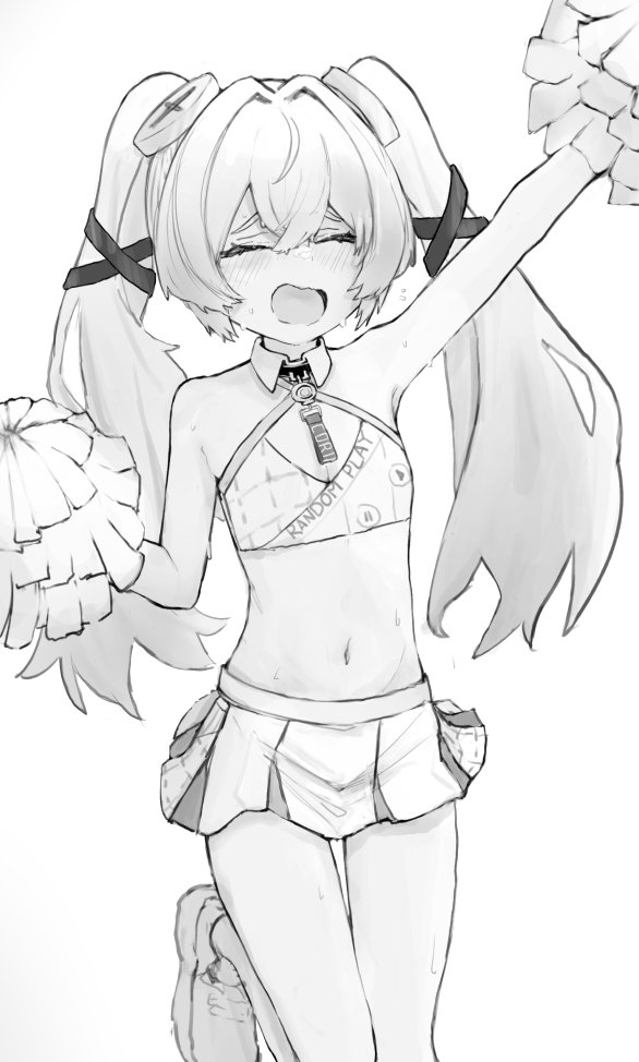 corin wickes, zenless zone zero, commentary, english commentary, 1girl, alternate costume, arm up, armpits, bare arms, bare shoulders, blush, breasts, cheering, cheerleader, cleavage, closed eyes, criss-cross halter, detached collar, greyscale, hair between eyes, hair intakes, hair ornament, halterneck, holding, holding pom poms, long hair, midriff, miniskirt, monochrome, navel, necktie, nullkurage, open mouth, pleated skirt, pom pom (cheerleading), pom poms, screw, screw hair ornament, shoes, short necktie, skirt, small breasts, solo, sports bra, standing, standing on one leg, stomach, sweat, twintails, white background, white shoes
