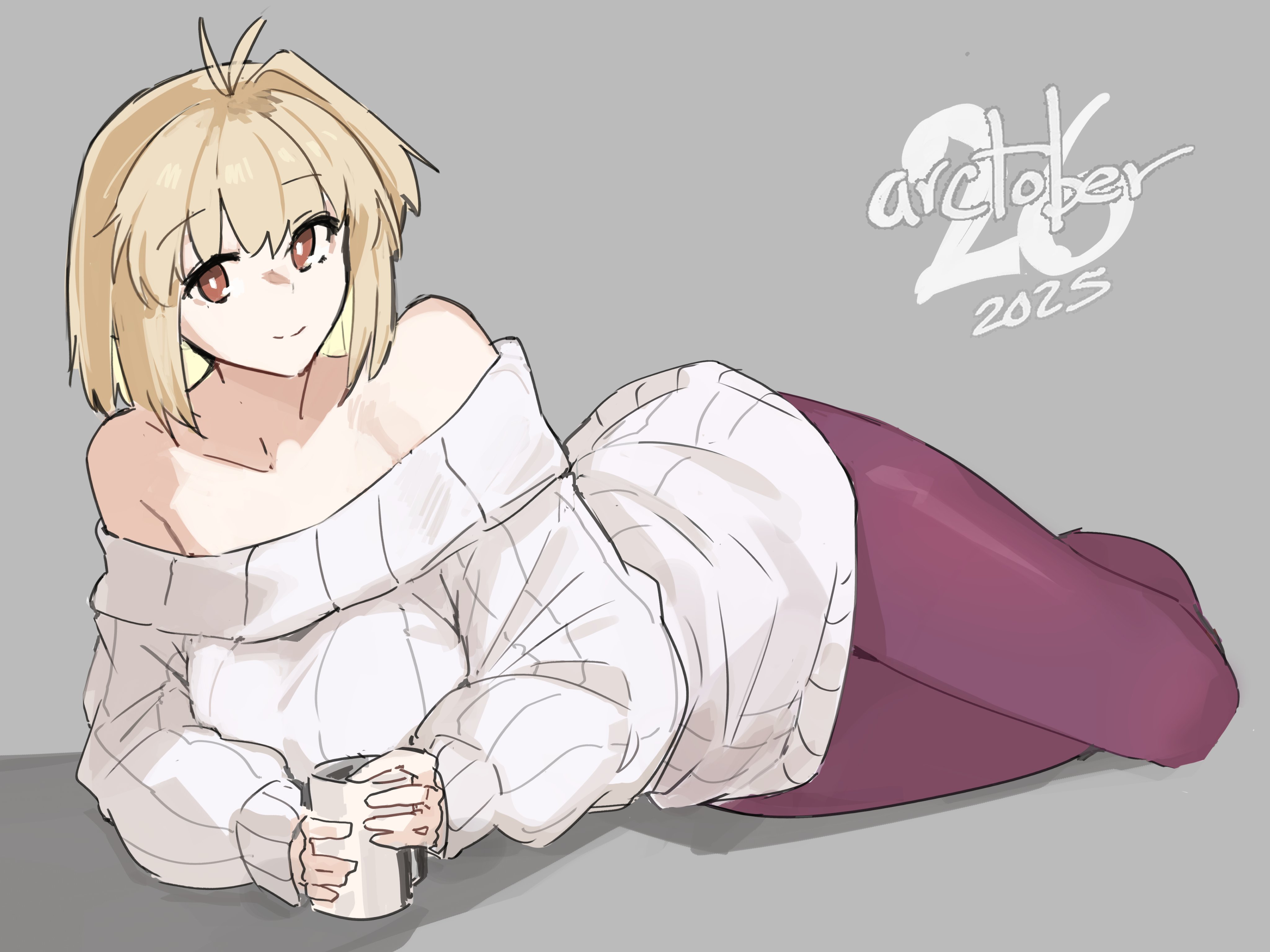 jonyeld, arcueid brunestud, tsukihime, absurdres, highres, 1girl, antenna hair, bare shoulders, blonde hair, breasts, collarbone, cup, dated, grey background, holding, large breasts, long sleeves, looking at viewer, lying, mug, off-shoulder sweater, off shoulder, on side, pantyhose, purple pantyhose, red eyes, short hair, simple background, smile, solo, sweater, white sweater