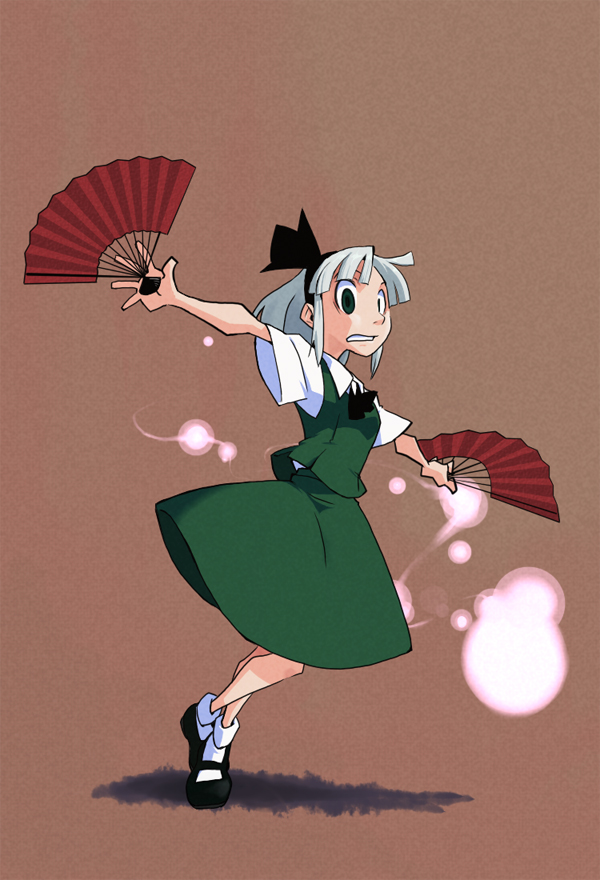 kansuke (artist), kansuke (bubuduke), konpaku youmu, touhou, silver hair, 1girl, dual wielding, female focus, folding fan, green eyes, hairband, hand fan, holding, short hair, solo, tripping