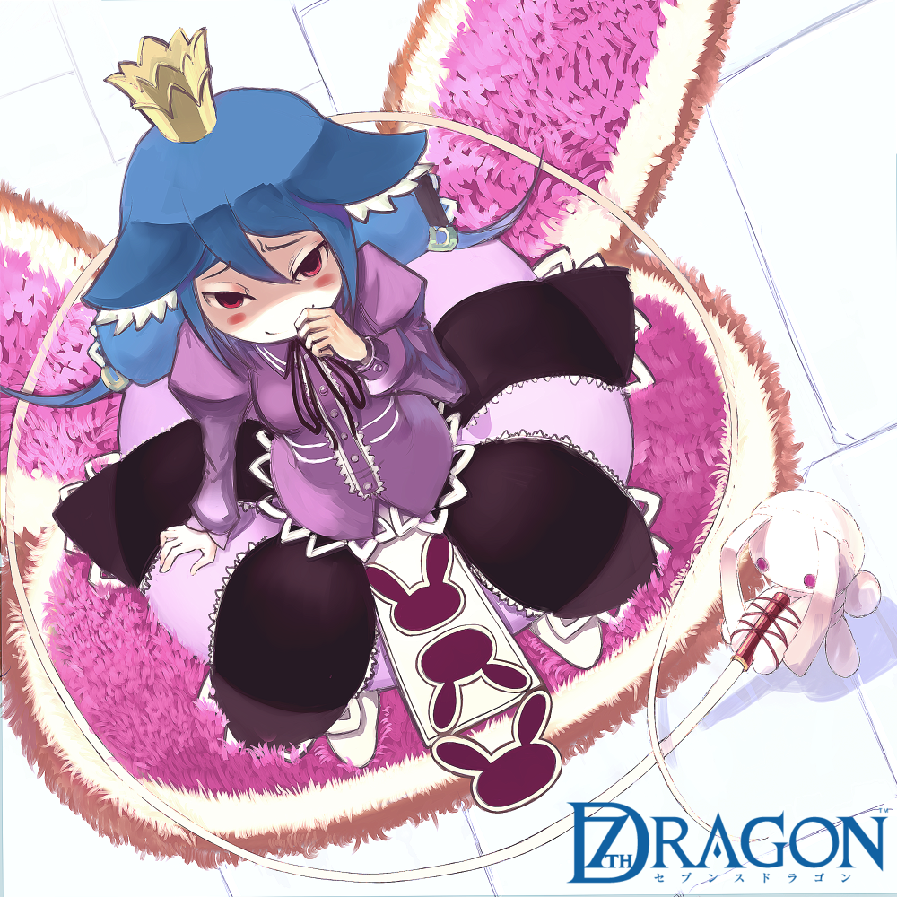 kansou samehada, momomeno (7th dragon), princess (7th dragon), 7th dragon, 7th dragon (series), bad id, bad pixiv id, 1girl, blue hair, blush, crown, female focus, red eyes, solo, stuffed animal, stuffed rabbit, stuffed toy