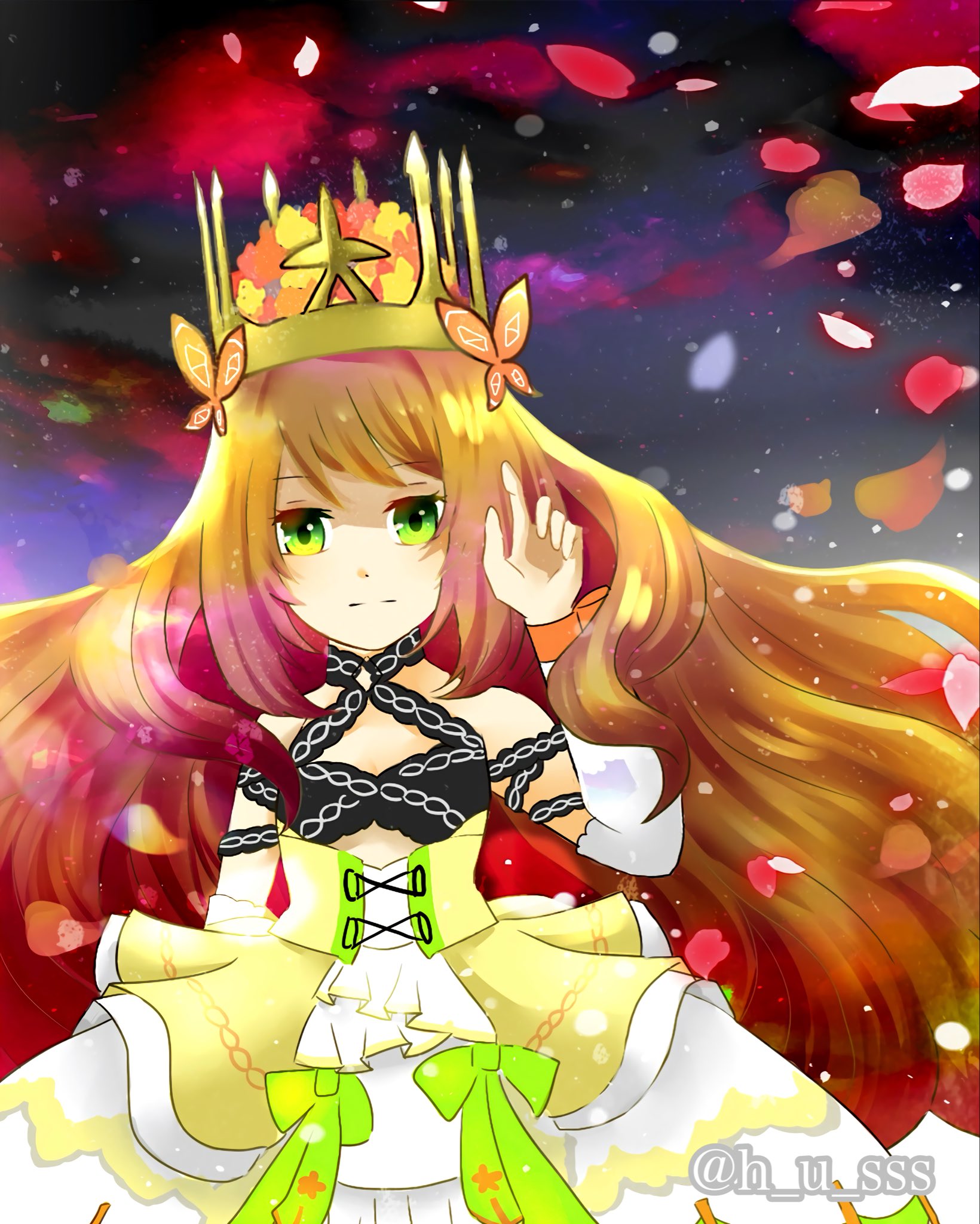 h u sss, celine (fire emblem), fire emblem, fire emblem engage, nintendo, highres, 1girl, bare shoulders, blonde hair, bow, breasts, butterfly hair ornament, crown, dress, dress bow, gem, green eyes, hair ornament, long hair, looking at viewer, orange gemstone, orange trim, princess, small breasts, solo, very long hair, wrist bow, yellow dress