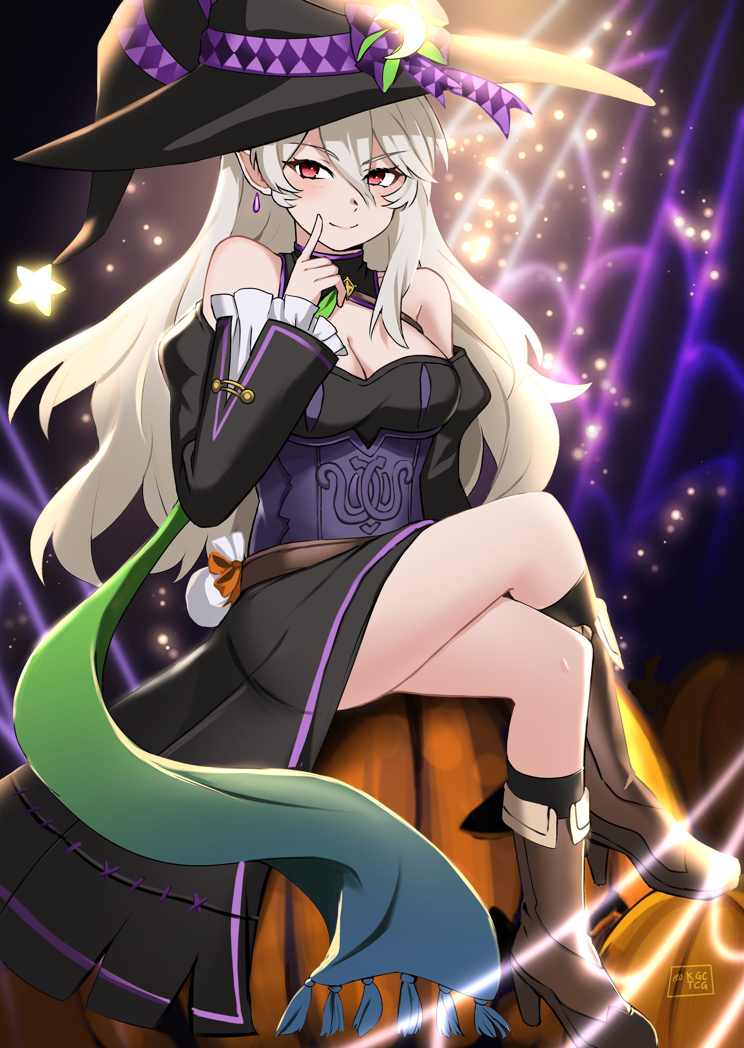 kgctcg, female corrin (fire emblem), female corrin (halloween) (fire emblem), fire emblem, fire emblem fates, fire emblem heroes, nintendo, absurdres, highres, 1girl, breasts, cleavage, crescent, crescent hat ornament, crossed legs, dress, green sash, hair ornament, halloween, halloween costume, hat, hat ornament, large breasts, looking at viewer, off-shoulder dress, off shoulder, official alternate costume, pointy ears, sash, solo, star (symbol), star hair ornament, witch, witch hat