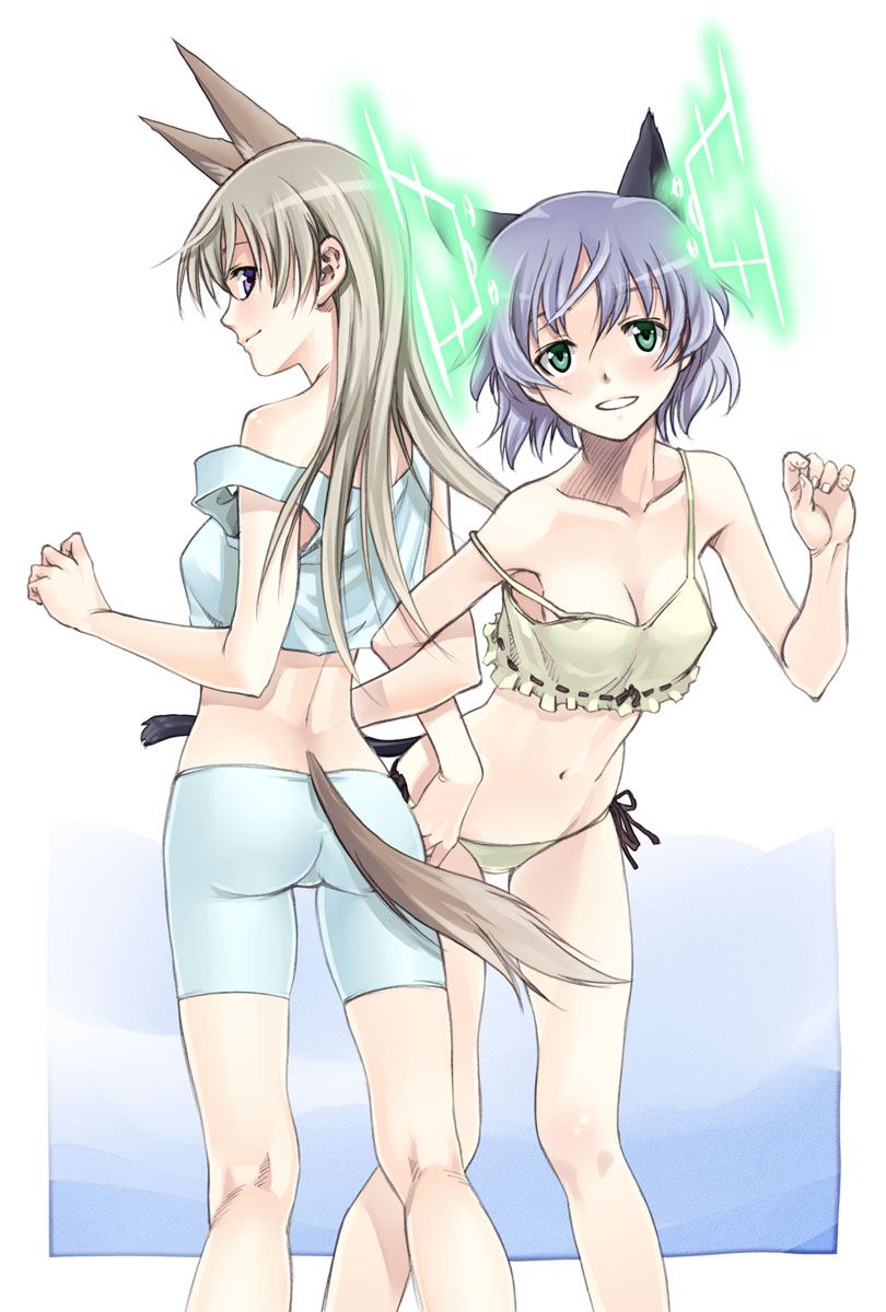 satou atsuki, eila ilmatar juutilainen, sanya v. litvyak, strike witches, world witches series, highres, 00s, 2girls, animal ears, antennae, ass, bra, breasts, cleavage, hirschgeweih antennas, kneepits, lingerie, looking back, medium breasts, multiple girls, navel, panties, strap slip, tail, underwear, underwear only