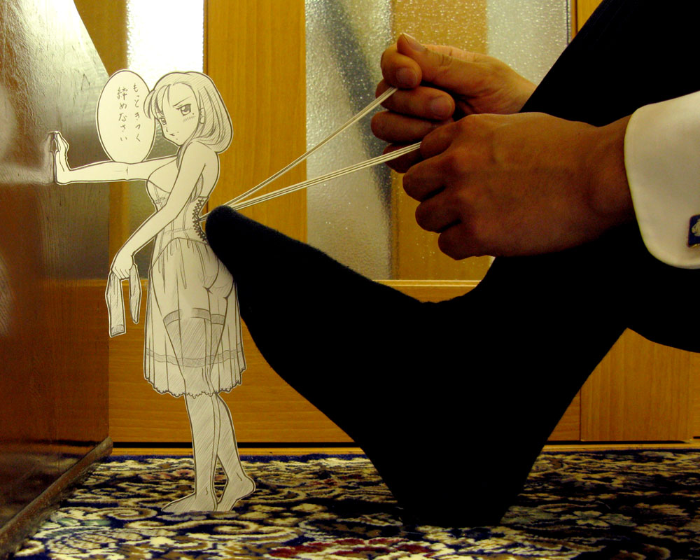 sasaki yukinojou, papercraft (medium), photo (medium), translated, unconventional media, 1girl, against wall, ass, barefoot, blush, bustier, corset, feet, interactive media, leaning, lingerie, mole, mole under eye, monochrome, no panties, paper child, see-through clothes, sketch, socks, solo focus, thighhighs, underwear