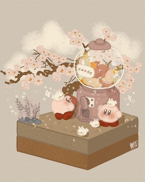 kirby, kirby (series), nintendo, artist request, source request, third-party source, blue eyes, blush, cherry blossoms, clone, closed mouth, creature, creature focus, creature on head, flower, grey background, gumball machine, happy, lavender (flower), no humans, pink flower, purple flower, rabbit, signature, simple background, smile, sparkle, spring (season), tiptoes, tree