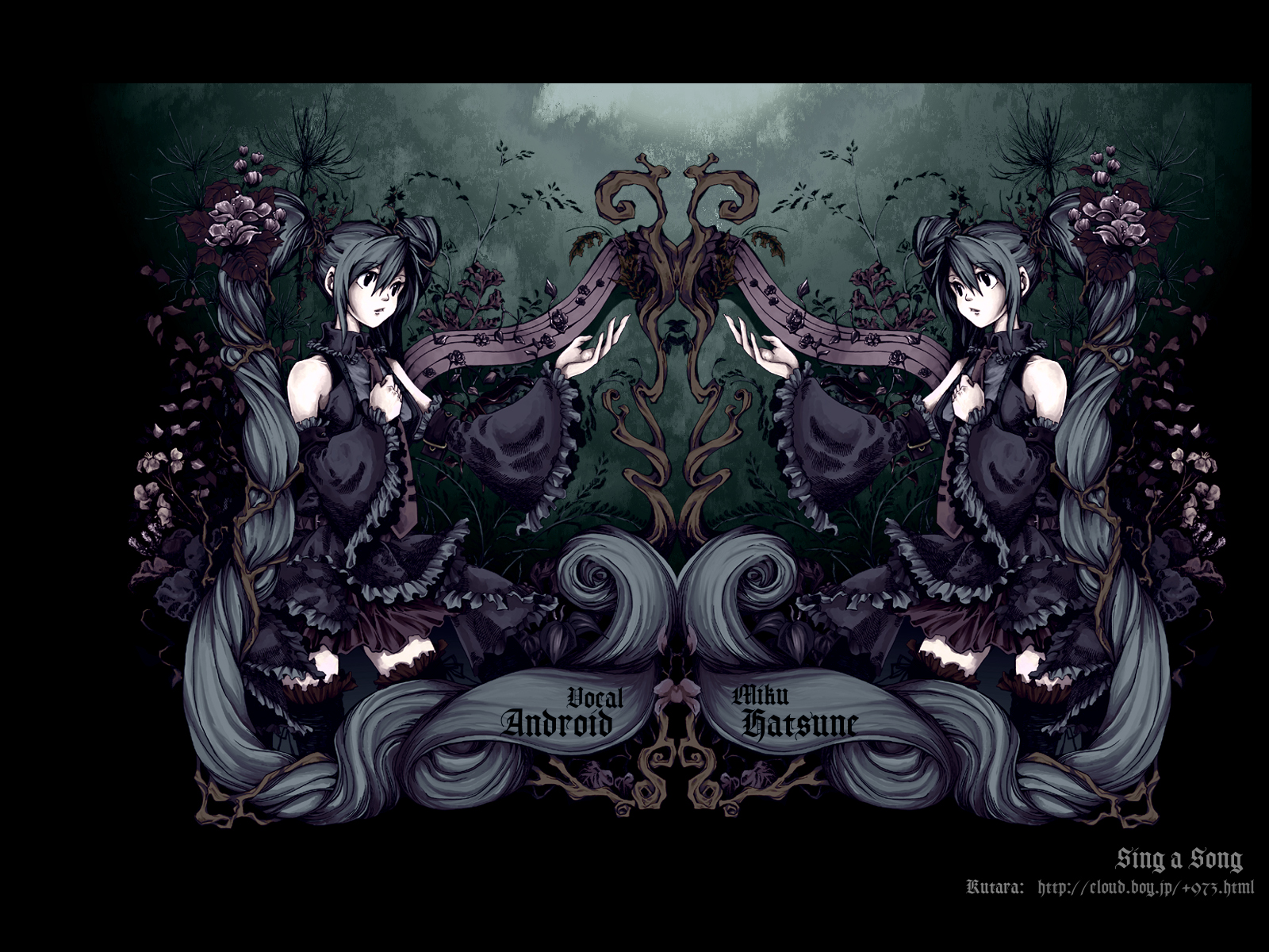 kunami, hatsune miku, vocaloid, highres, 1girl, clone, detached sleeves, flower, frills, green hair, long hair, musical note, necktie, skirt, symmetry, thighhighs, twintails, very long hair