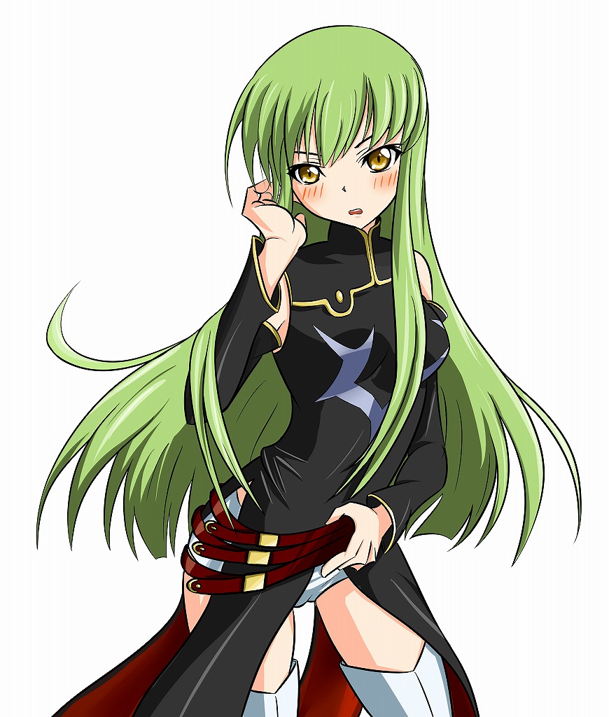 gurio, gurio (pixiv14624), c.c., code geass, 00s, blush, green hair, long hair, solo, thighhighs, undressing, yellow eyes