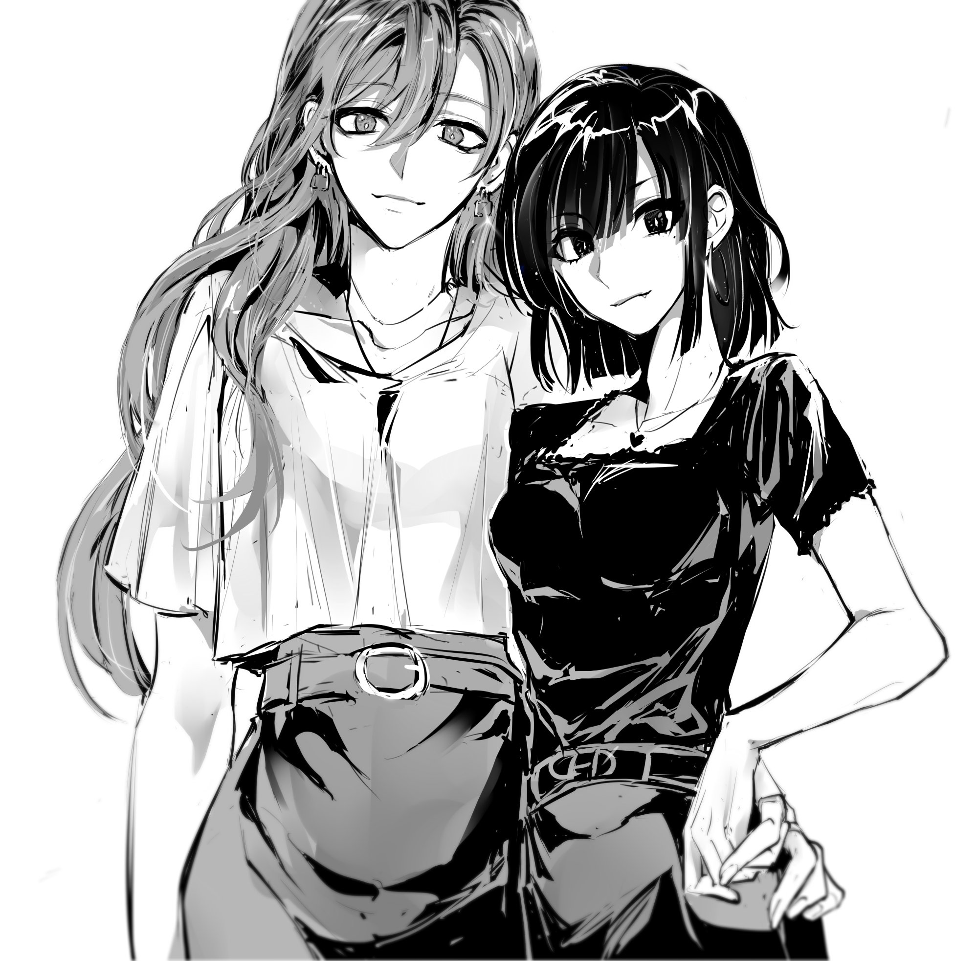 han sooyoung, yoo sangah, omniscient reader's viewpoint, highres, 2girls, arm around shoulder, belt, black eyes, black shirt, blouse, bob cut, breasts, contrapposto, cowboy shot, greyscale, hand on another's waist, head tilt, heart pendant, holding hands, long hair, looking at viewer, monochrome, multiple girls, rhyme1863, shirt, short hair, short sleeves, smile, yuri