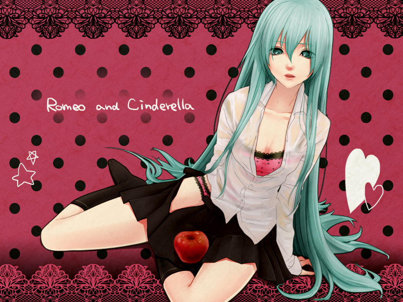 rino (okota), hatsune miku, rino, romeo to cinderella (vocaloid), vocaloid, 1girl, apple, aqua eyes, aqua hair, black socks, camisole, female focus, food, fruit, hair down, heart, long hair, panties, pink panties, shirt, sitting, skirt, socks, solo, star (symbol), underwear