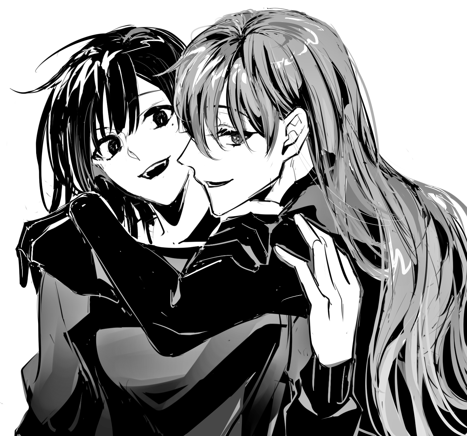 han sooyoung, yoo sangah, omniscient reader's viewpoint, highres, 2girls, :d, arm around neck, bob cut, bodysuit, hand on another's shoulder, head tilt, hug from side, long hair, looking at viewer, looking back, multiple girls, open mouth, rhyme1863, short hair, smile, upper body, yuri