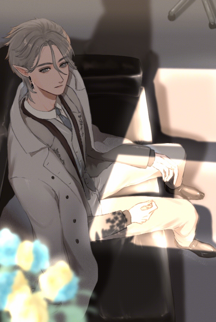 kohanai setsuna, nikki (series), shining nikki, commentary request, 1boy, black shoes, blazer, blue flower, blue necktie, blue rose, business suit, buttons, chair, closed mouth, coat, coat on shoulders, collared coat, collared shirt, couch, dress pants, dress shoes, earrings, elf, expressionless, eyelashes, flower, formal clothes, full body, grey eyes, grey hair, grey jacket, grey pants, grey suit, grey vest, hair between eyes, indoors, jacket, jewelry, lapels, layered sleeves, long sleeves, male focus, mercury (shining nikki), necktie, notched lapels, office chair, on couch, open clothes, open jacket, pants, plant, pointy ears, potted plant, rose, shadow, shirt, shoes, short hair, sitting, solo, suit, sunlight, swivel chair, thick eyebrows, vest, white coat, white shirt