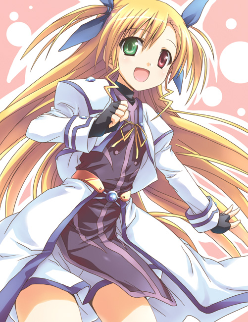 kusakami akira, vivio, lyrical nanoha, mahou shoujo lyrical nanoha, mahou shoujo lyrical nanoha strikers, 00s, 1girl, blonde hair, female focus, heterochromia, long hair, ribbon, solo