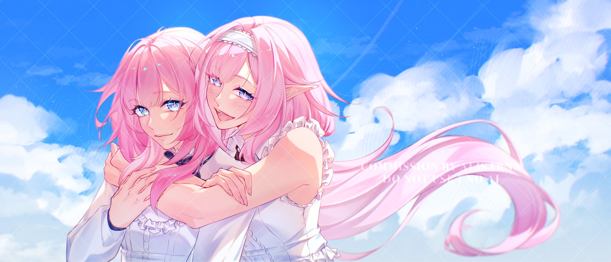 alisarna (twitter), cyrene (honkai: star rail), elysia (honkai impact), inoue marina, honkai: star rail, honkai (series), honkai impact 3rd, commentary, commission, english commentary, highres, vgen commission, 2girls, blue eyes, blue sky, breasts, color connection, company connection, cyrene (aedes elysiae) (honkai: star rail), elf, hair color connection, hairband, hug, hug from behind, long hair, medium breasts, medium hair, multiple girls, open mouth, outdoors, pink hair, pointy ears, shirt, sky, upper body, very long hair, voice actor connection, white hairband, white shirt, yanning