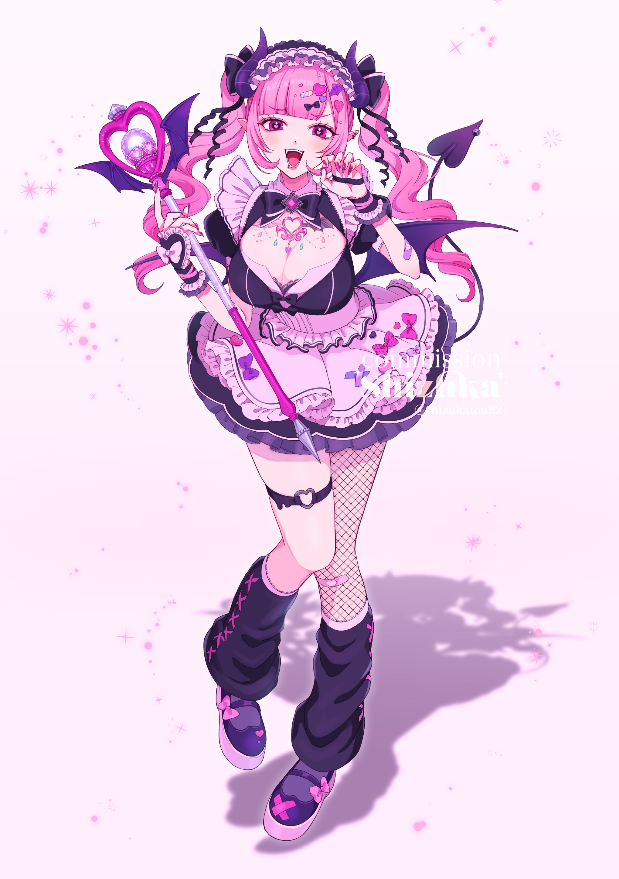 usagiboshi shizuka, ironmouse, indie virtual youtuber, absurdres, commentary, highres, symbol-only commentary, 1girl, alternate costume, bandaid, bandaid on arm, bat wings, black bow, black leg warmers, bow, breasts, brooch, claw pose, cleavage, cleavage cutout, clothing cutout, demon girl, demon horns, demon tail, demon wings, face piercing, fingerless gloves, fingernails, full body, furrowed brow, gloves, hair between eyes, hair bow, hair ornament, hairclip, heart, heart-shaped pupils, holding, holding wand, horns, jewelry, large breasts, leg warmers, lip piercing, long hair, looking at viewer, open mouth, piercing, pigeon-toed, pink bow, pink eyes, pink hair, pink nails, pointy ears, purple bow, shadow, sharp fingernails, simple background, single fishnet legwear, smile, solo, standing, standing on one leg, symbol-shaped pupils, tail, thigh strap, twintails, virtual youtuber, wand, white background, wings