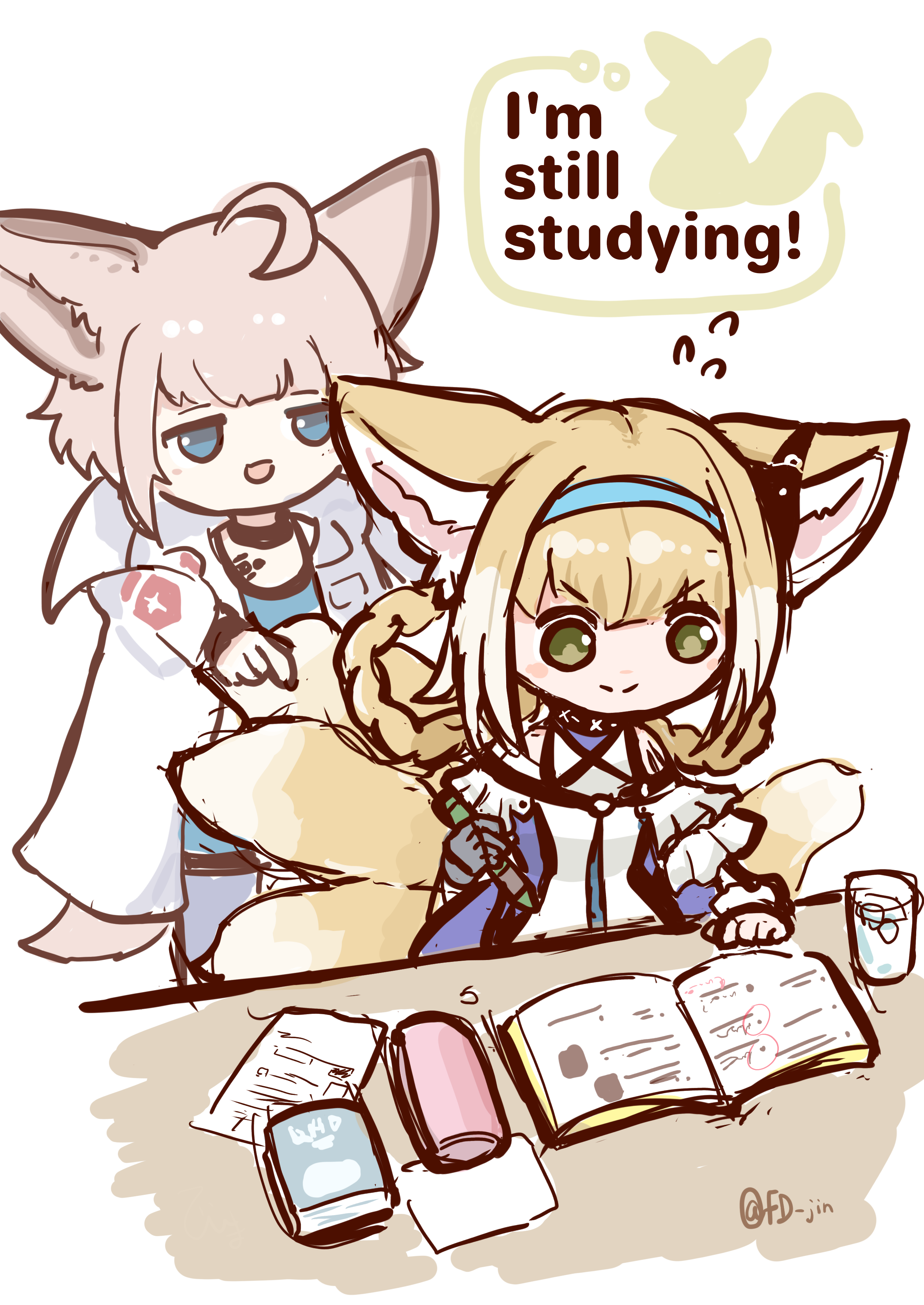 himajin (fd jin), infection monitor (arknights), sussurro (arknights), suzuran (arknights), arknights, absurdres, check commentary, commentary request, highres, 2girls, ahoge, animal ears, black choker, blonde hair, blue eyes, blue hairband, braid, braided hair rings, choker, coat, earpiece, english text, fox ears, fox girl, fox tail, green eyes, grey hair, hair rings, hairband, holding, holding pencil, kitsune, kyuubi, lab coat, material growth, multiple girls, multiple tails, one-hour drawing challenge, open mouth, oripathy lesion (arknights), pencil, tail, twin braids, white coat