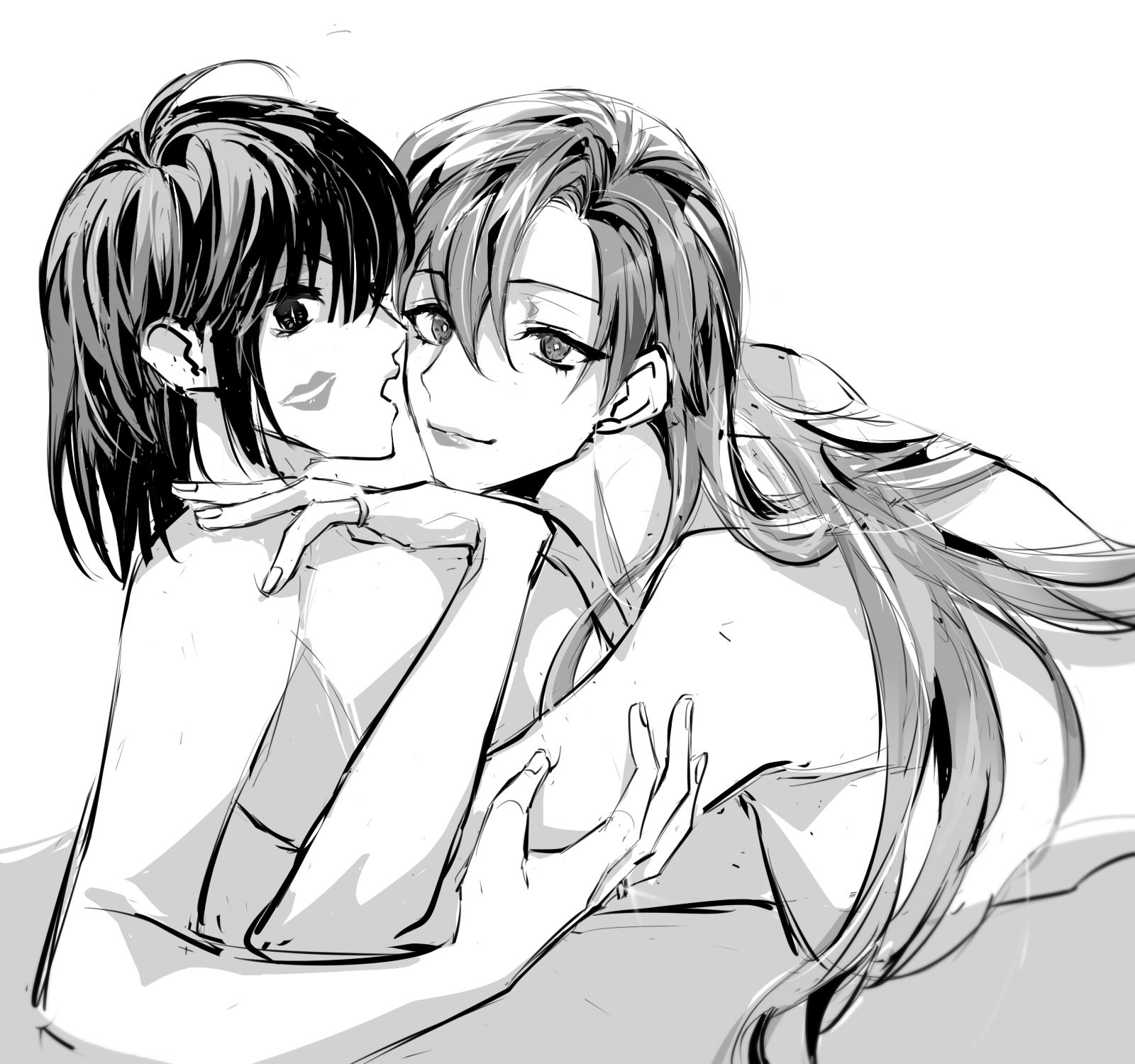 han sooyoung, yoo sangah, omniscient reader's viewpoint, highres, 2girls, :o, arm around back, bob cut, breast slip, girl on top, greyscale, hair over shoulder, kiss, lipstick mark, long hair, looking at viewer, lying, monochrome, multiple girls, nipples, no shirt, on back, on stomach, partially colored, pinky ring, rhyme1863, sexually suggestive, short hair, smile, sparkle, yuri