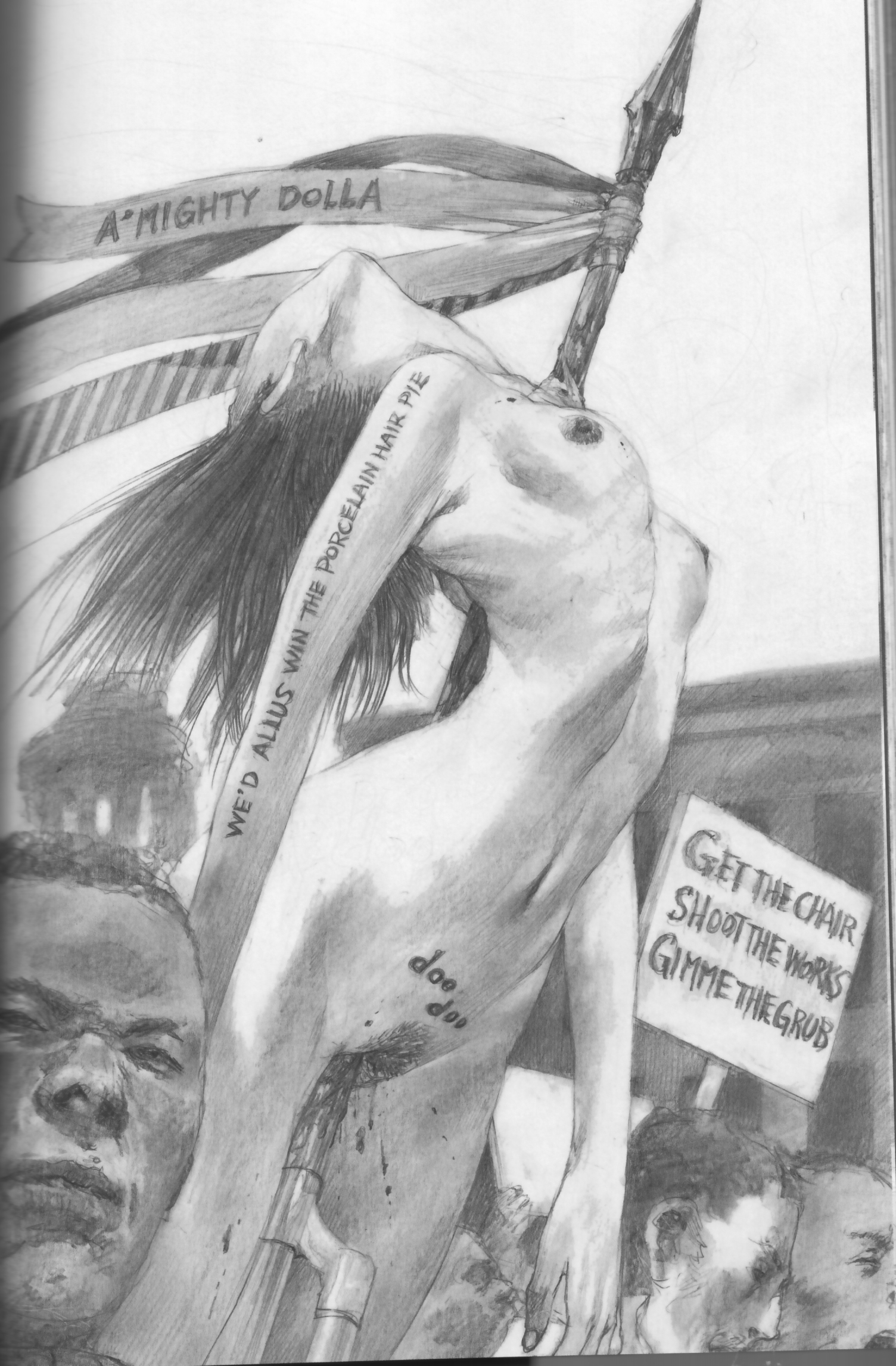 hiroaki samura, highres, 1girl, all the way through, blood, breasts, dark-skinned male, dark skin, english text, engrish text, guro, impaled, monochrome, multiple boys, navel, nipples, nude, outdoors, pencil, pubic hair, public indecency, public nudity, racism, ranguage, realistic