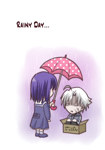 kuramubon (hamaguri chaya), matou kariya, matou sakura, matou sakura (fate/zero), fate/zero, fate (series), commentary request, lowres, translation request, 1boy, 1girl, ahoge, box, cardboard box, chibi, dress, grey hoodie, holding, holding umbrella, hood, hoodie, purple hair, rain, sailor dress, sitting, umbrella, uncle and niece, veiny face, white hair