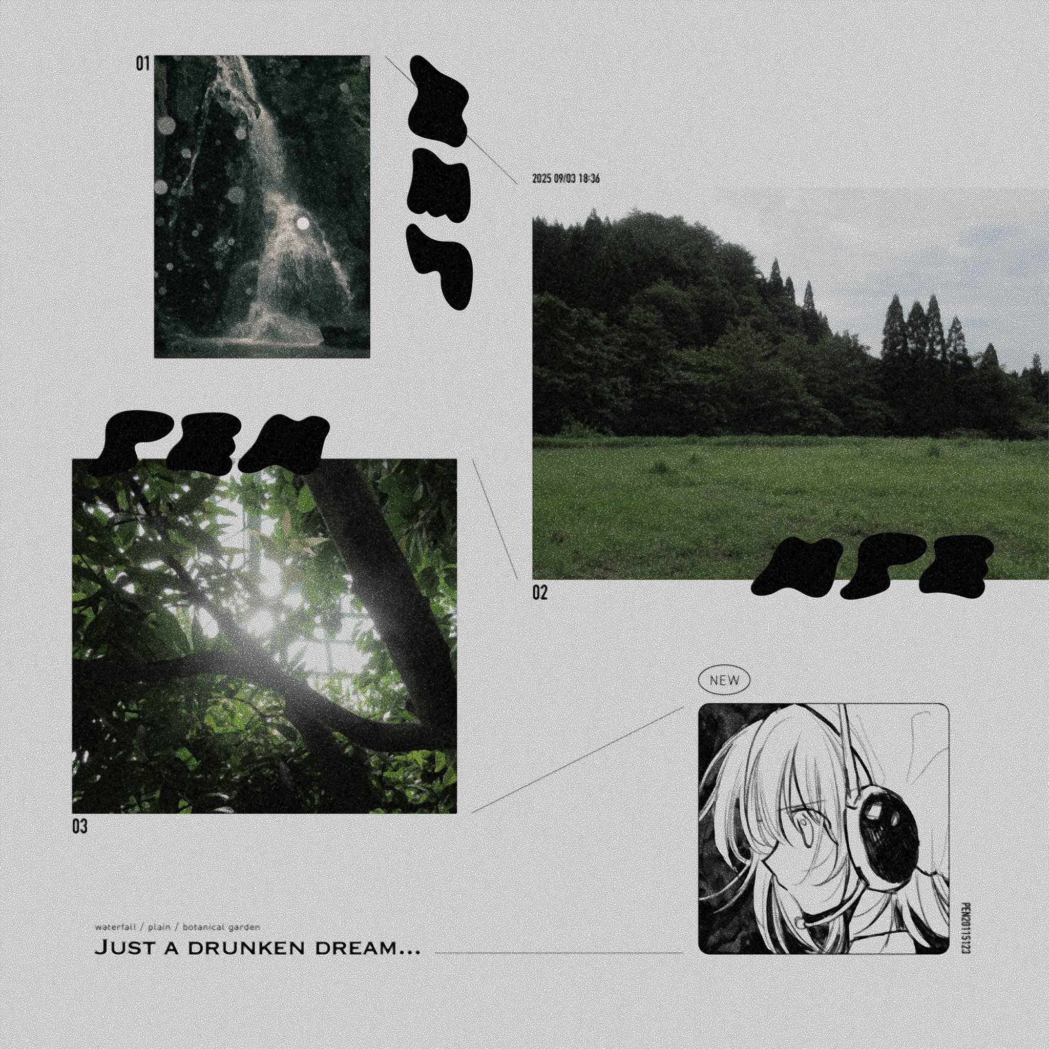 pepeppepe101, natu, original, highres, 1girl, dated, english text, from side, gen 2 pokemon, grass, headset, outdoors, photo inset, portrait, profile, solo, tree, water, waterfall