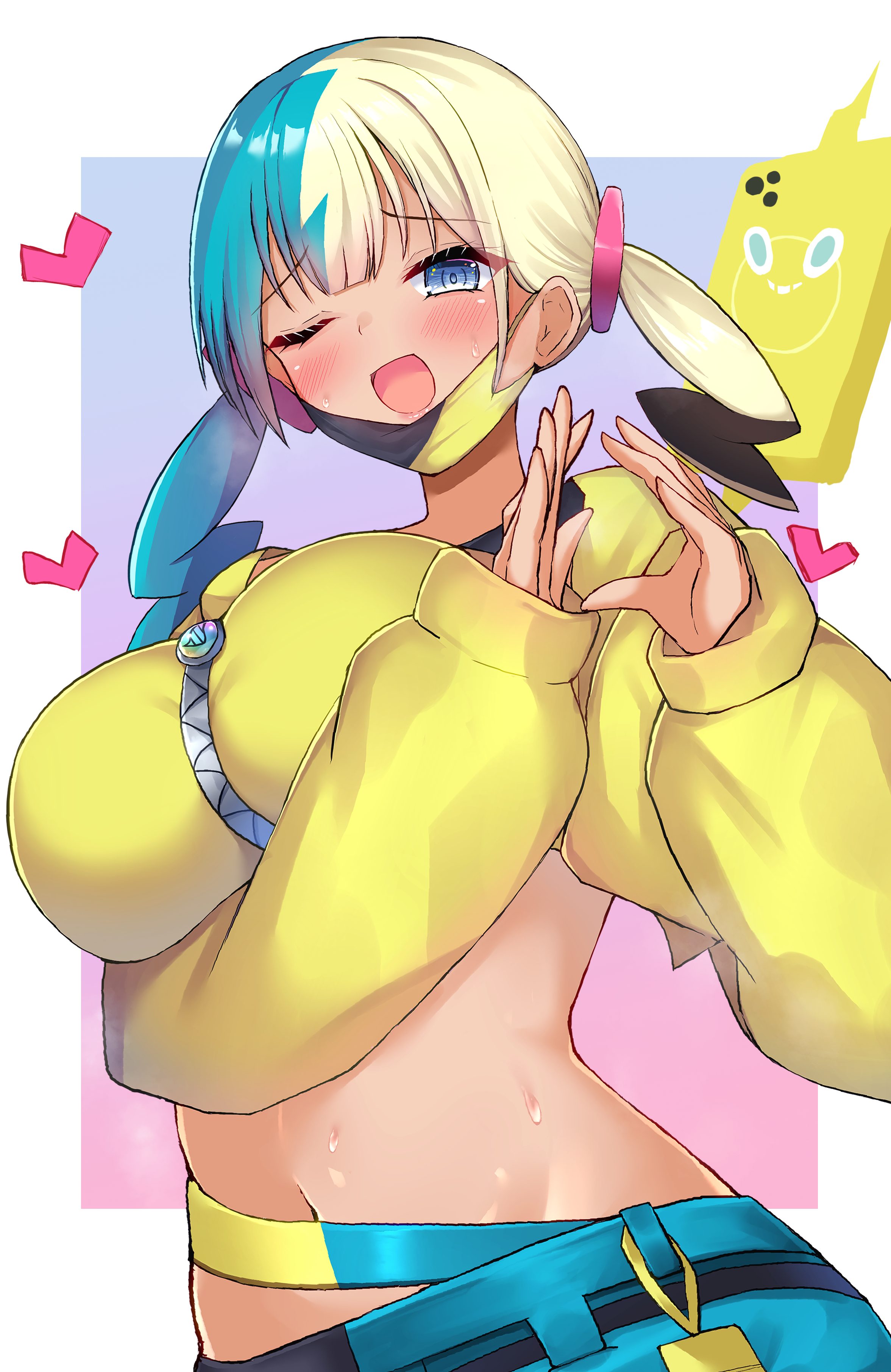 shiinyan, canari (pokemon), rotom, rotom phone, nintendo, pokemon, pokemon legends: z-a, absurdres, highres, 1girl, bandeau, blue eyes, breasts, gen 4 pokemon, large breasts, mask pull, multicolored hair, multicolored pants, navel, one eye closed, open mouth, pants, short hair, solo, sweat, twintails, two-tone hair, two-tone mask, two-tone pants, yellow bandeau