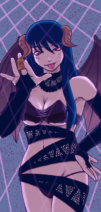 tagme, 1girl, blue hair, female focus, horns, solo, tongue, wings