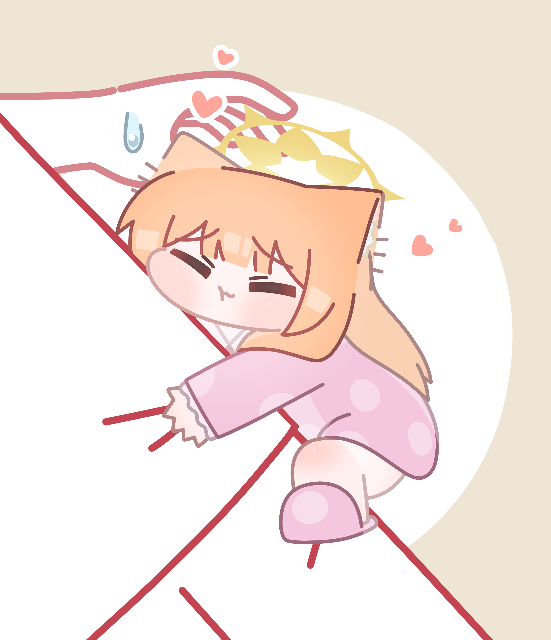 horuhara, mari (blue archive), blue archive, absurdres, highres, 1girl, animal ear fluff, animal ears, blunt bangs, blush, brown background, chibi, clinging, closed eyes, closed mouth, halo, heart, long hair, long sleeves, no nose, orange hair, pajamas, pants, pink pajamas, pink slippers, polka dot, polka dot pajamas, pout, shirt, simple background, slippers, solo focus, sweatdrop, white background, yellow halo