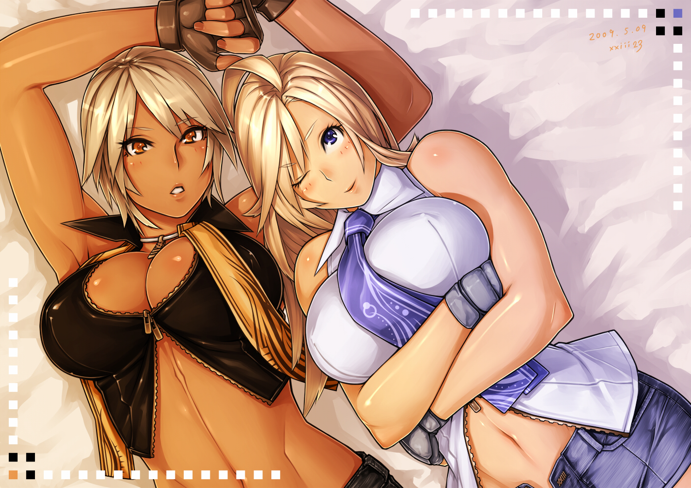 23 (real xxiii), sela (23), ursula (23), original, silver hair, 2009, 2girls, ;), ahoge, armpits, arms up, bare shoulders, bed sheet, blonde hair, blue eyes, blue necktie, blush, breasts, brown eyes, cleavage, collared shirt, covered erect nipples, crop top, crossed arms, dark-skinned female, dark skin, dated, denim, denim shorts, dutch angle, fingerless gloves, gloves, impossible clothes, impossible shirt, jewelry, large breasts, long hair, looking at viewer, lying, midriff, multiple girls, navel, necklace, necktie, on back, on bed, one eye closed, open fly, orange eyes, parted lips, shiny skin, shirt, short hair, short shorts, shorts, signature, sleeveless, sleeveless shirt, smile, square-end necktie, tan, toned, toned female, unzipped, wink, zipper