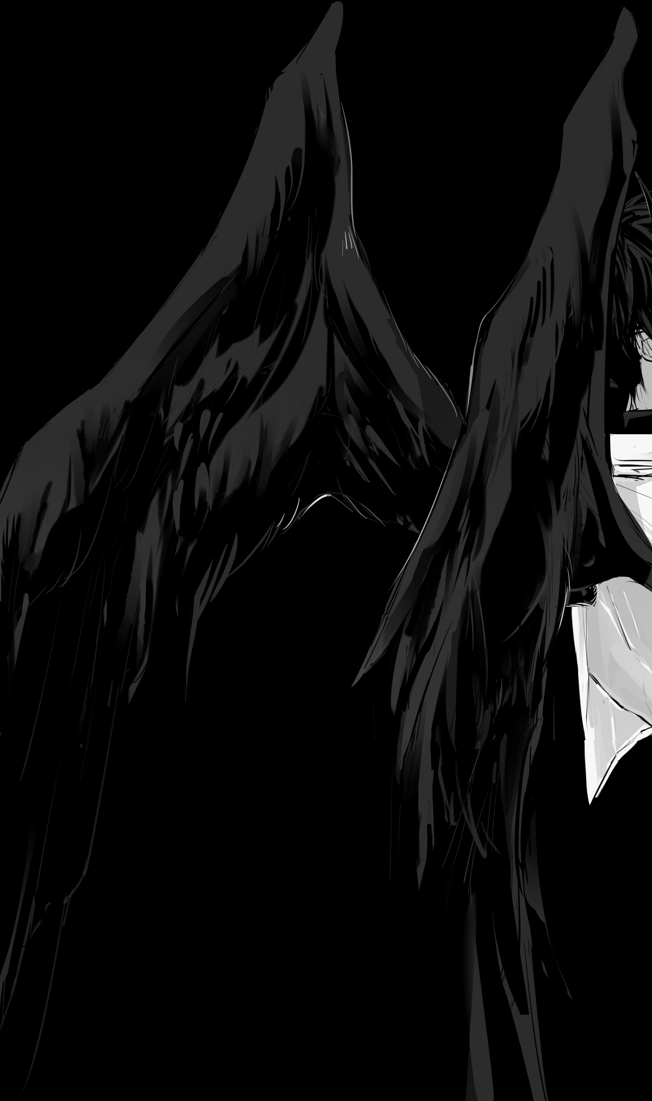 kim dokja, omniscient reader's viewpoint, absurdres, commentary, english commentary, highres, thumbnail surprise, 1boy, black hair, black wings, coat, cowboy shot, feathered wings, greyscale, male focus, monochrome, official alternate costume, out of frame, rhyme1863, short hair, solo, split crop, white coat, wings