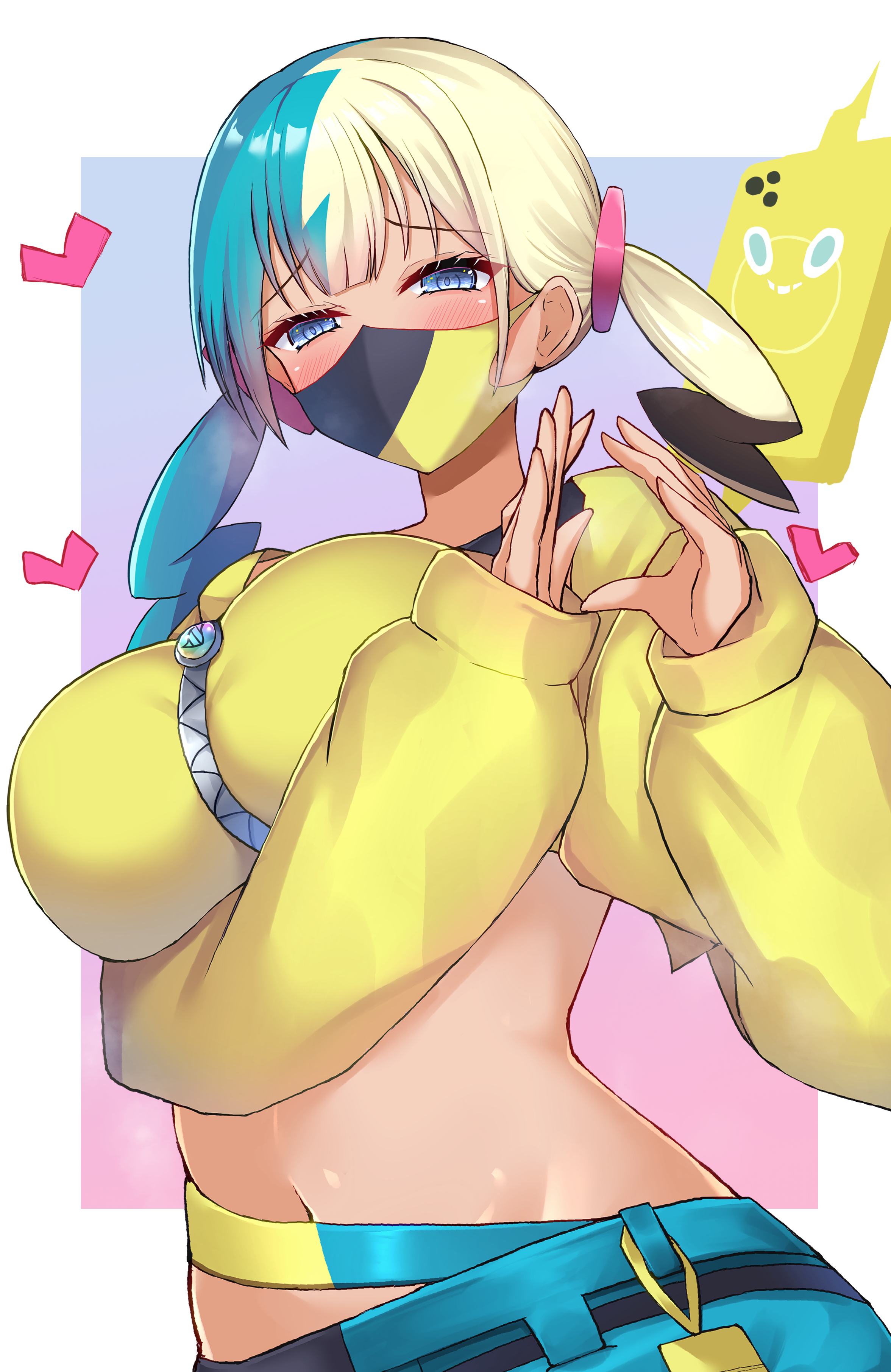 shiinyan, canari (pokemon), rotom, rotom phone, nintendo, pokemon, pokemon legends: z-a, absurdres, highres, 1girl, bandeau, blue eyes, breasts, gen 4 pokemon, large breasts, mask, multicolored hair, multicolored pants, navel, pants, short hair, solo, sweat, twintails, two-tone hair, two-tone mask, two-tone pants, yellow bandeau