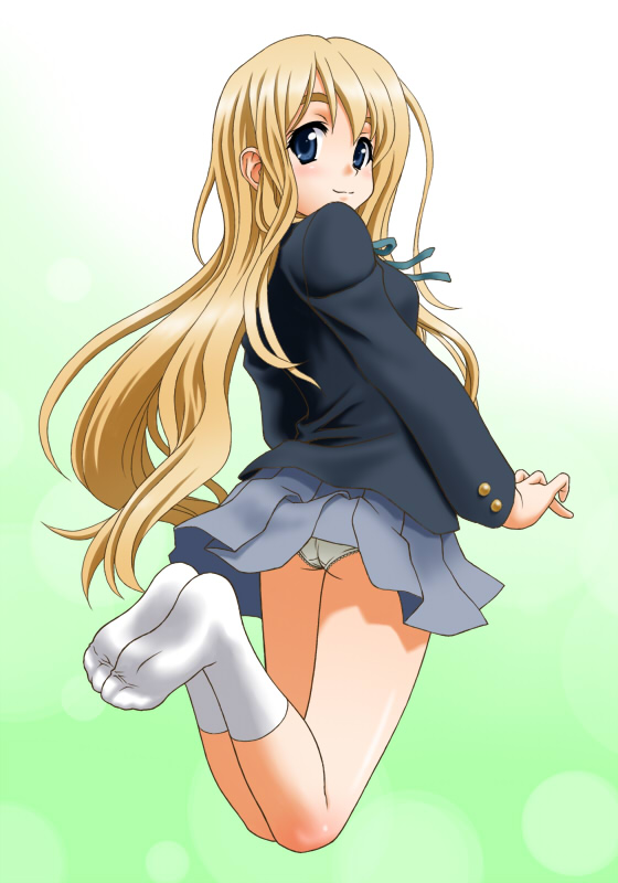 peter (artist), kotobuki tsumugi, k-on!, 00s, 1girl, blonde hair, blue eyes, feet, female focus, jumping, long hair, looking back, panties, pantyshot, school uniform, socks, solo, underwear, white panties