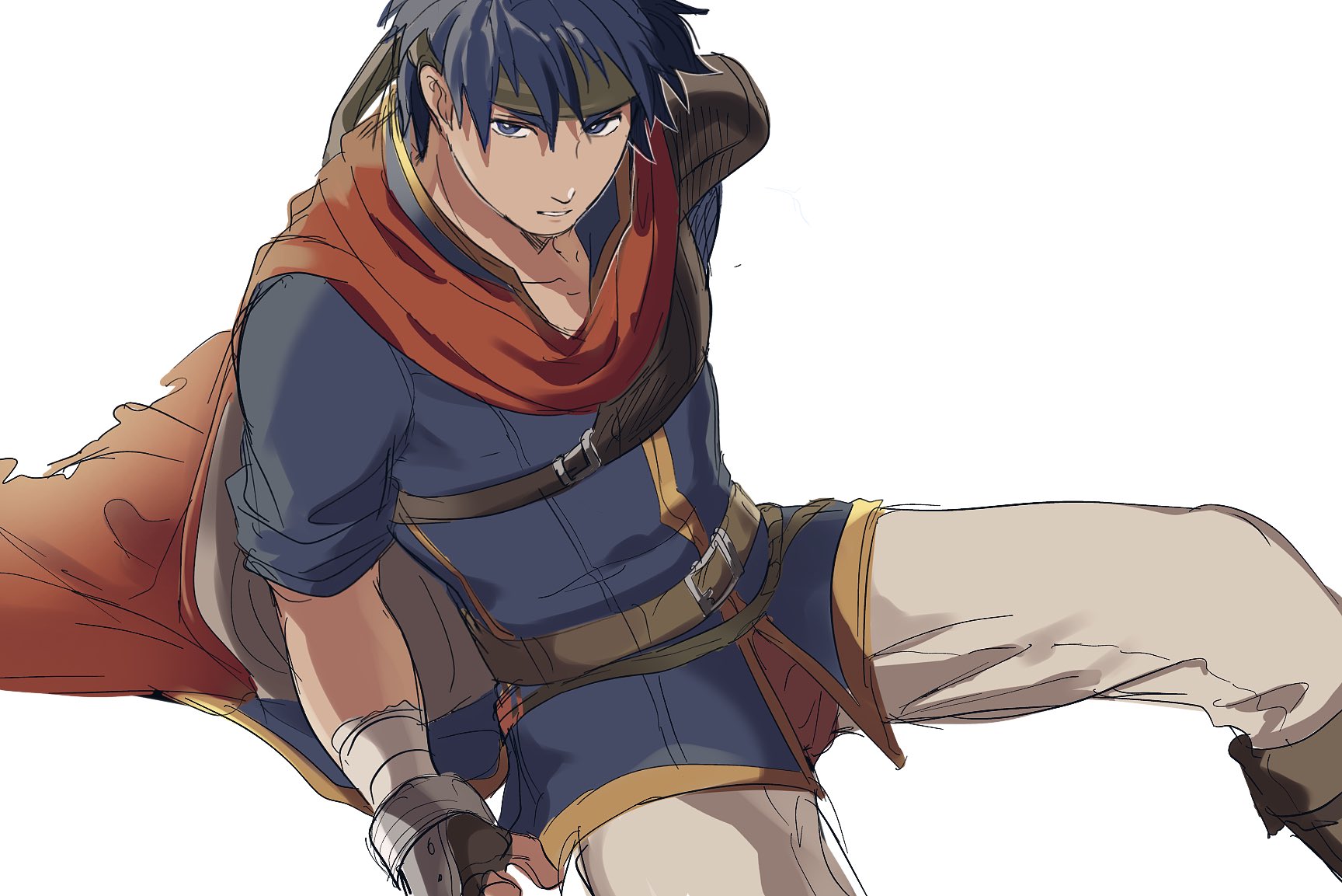mimummom, ike (fire emblem), fire emblem, fire emblem: path of radiance, nintendo, highres, 1boy, blue eyes, blue hair, blue tunic, brown gloves, cape, fingerless gloves, gloves, gold trim, green headband, headband, looking at viewer, male focus, popped collar, red cape, solo, tunic