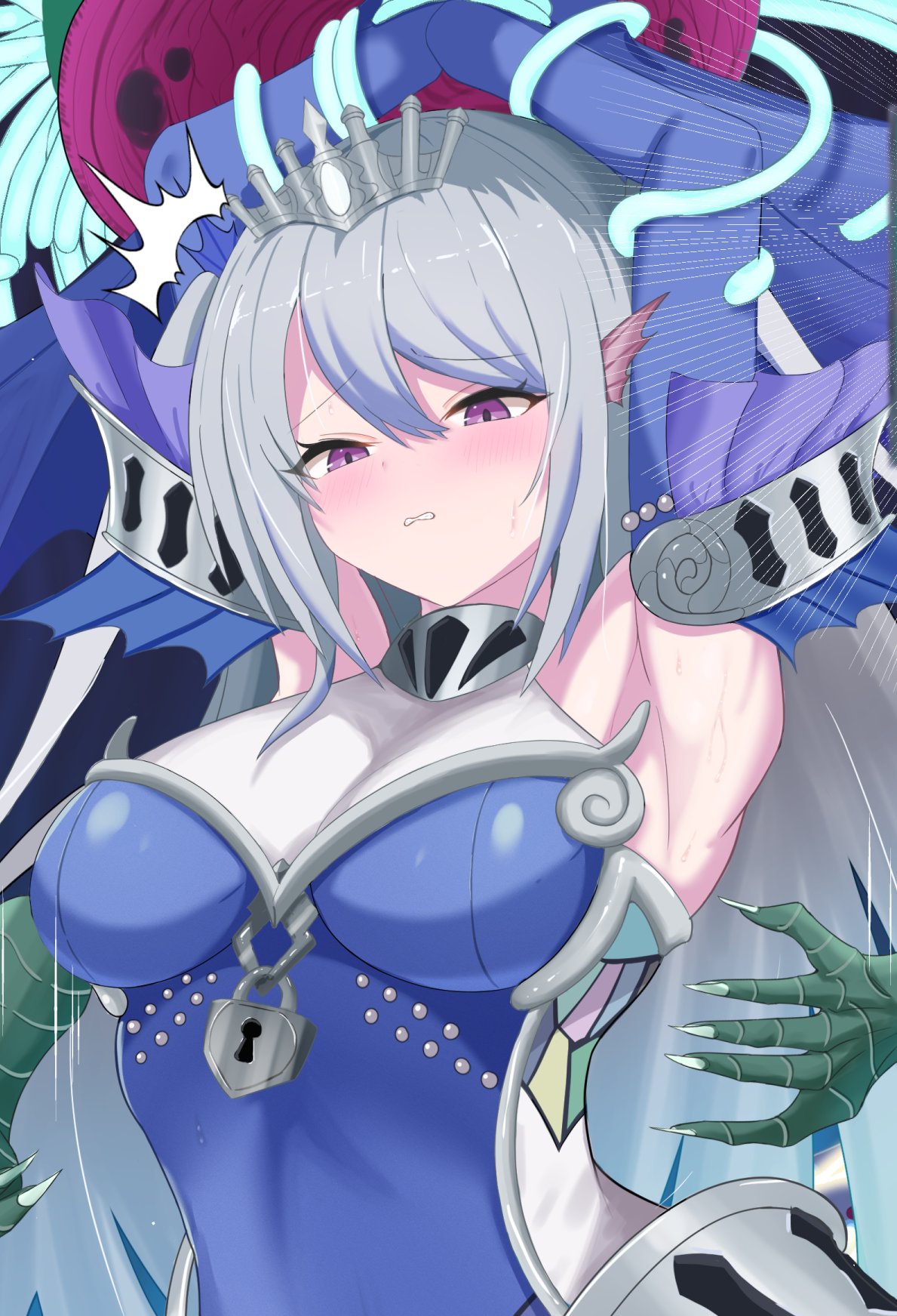 tearlaments scheiren, yu-gi-oh!, character request, commentary request, highres, 1girl, 1other, armpits, arms up, blue dress, blue hair, blush, breasts, closed mouth, detached sleeves, dress, duel monster, embarrassed, fins, grey hair, head fins, large breasts, lock, long hair, mermaid, monster, monster girl, nien2, padlock, paleozoic dinomischus, pink eyes, purple eyes, restrained, solo, solo focus, sweat, teeth, tentacles, tiara, upper body, very long hair